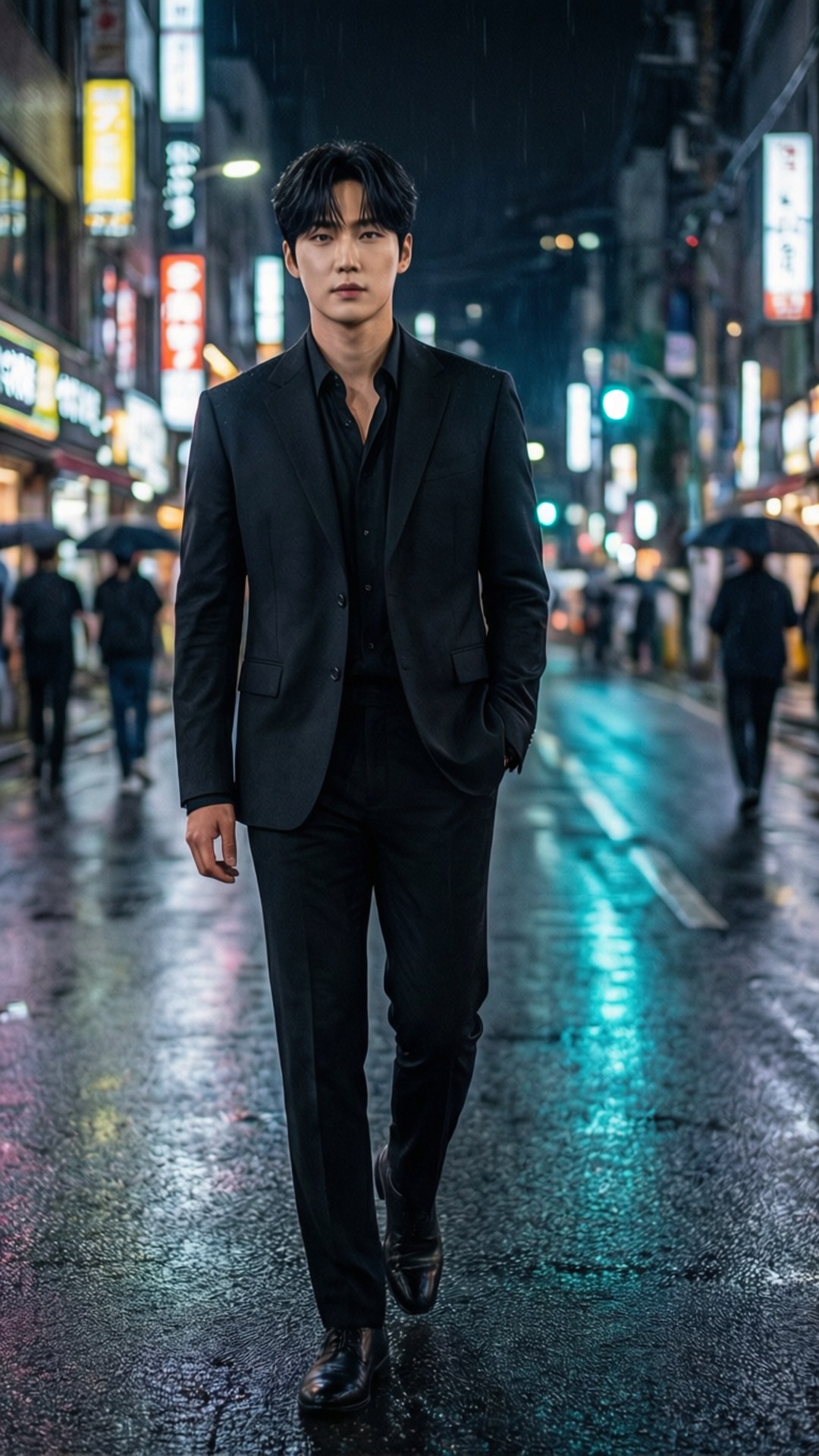 夜行者 壁紙 — 一名身穿黑色西裝的男子在夜間自信地走在一條霓虹燈照亮、雨濕的城市街道上。