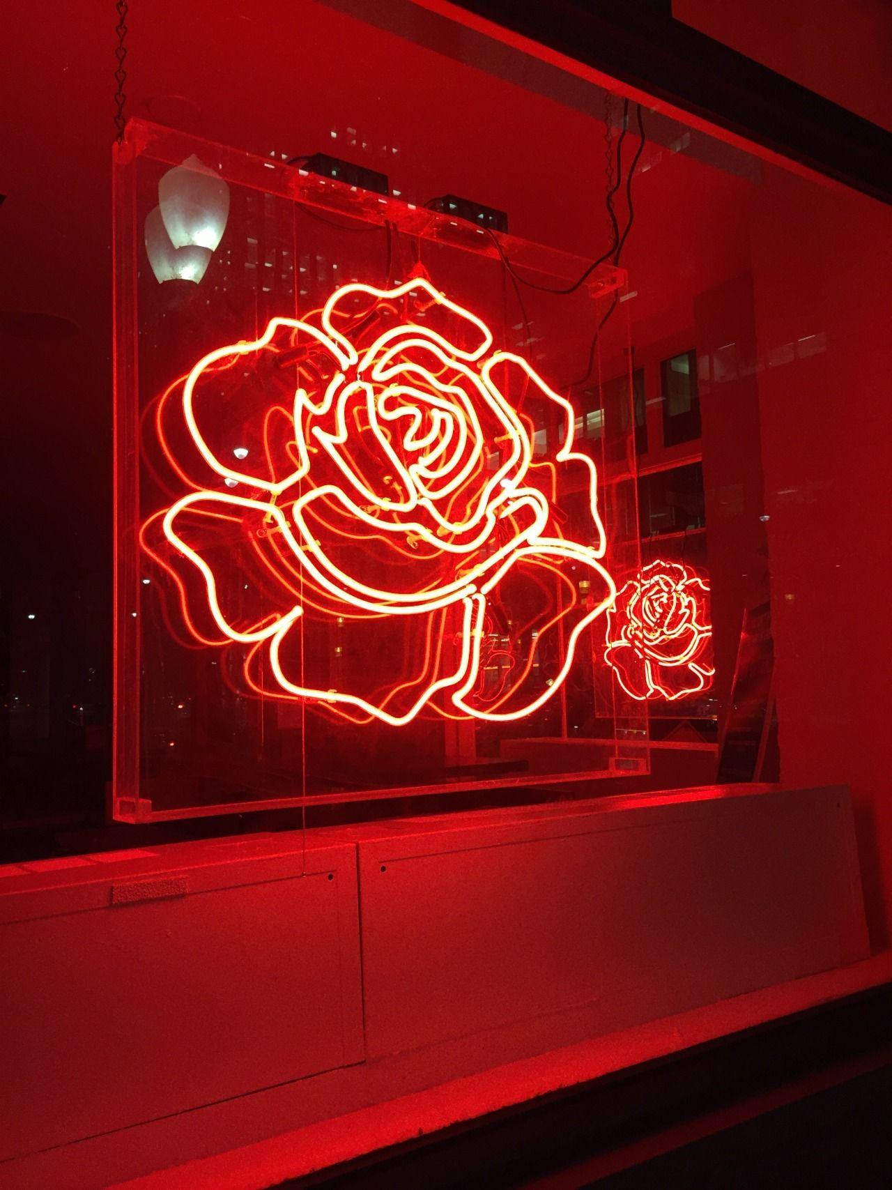 紅色 iPhone 桌布 壁紙 — 夜間，一盞發光的紅色霓虹玫瑰雕塑透過玻璃窗散發出溫暖的光芒，照亮了城市環境。