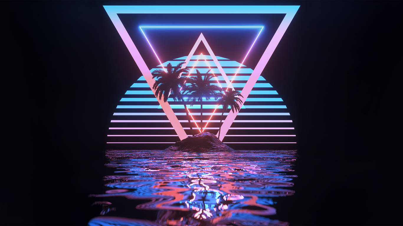 氛圍 桌布 壁紙 — 夜間，霓虹三角形在熱帶島嶼上空發光，棕櫚樹的剪影映襯著水中條紋狀的日落倒影。