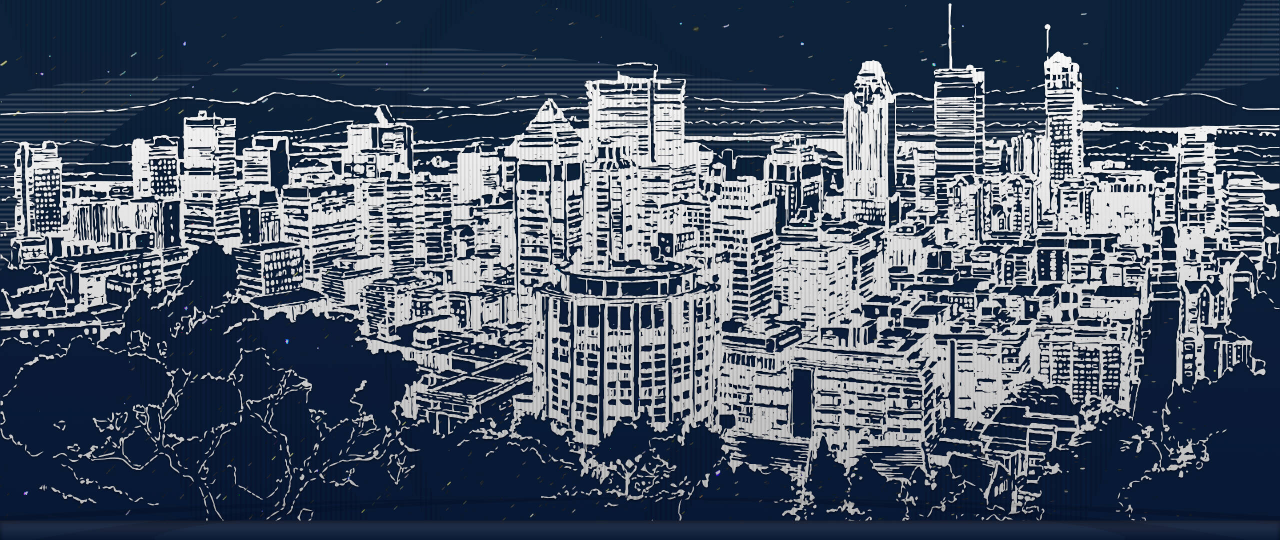 Montreal 桌布 壁紙 — 夜間以白色線條藝術風格呈現的城市景觀，背景為深海軍藍色，遠方有山丘。