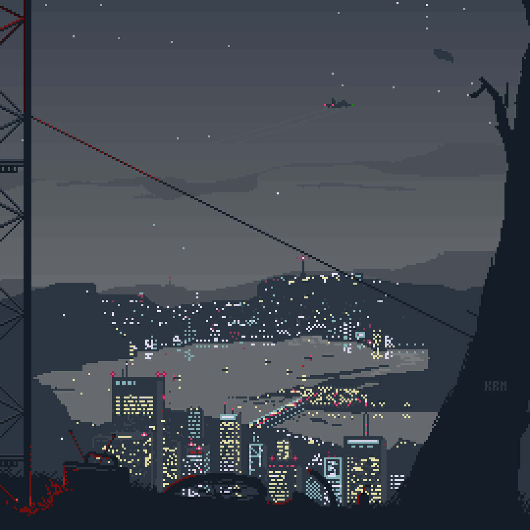Aesthetic Pixel 桌布 壁紙 — 夜間像素藝術城市景觀，有發光的建築物、星空和一輛留下軌跡的飛行車輛。