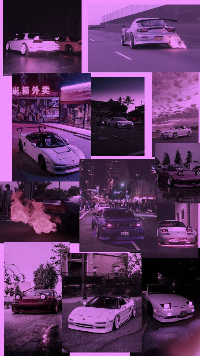 紫色調的跑車在都市夜景中飄移和停泊的拼貼畫。