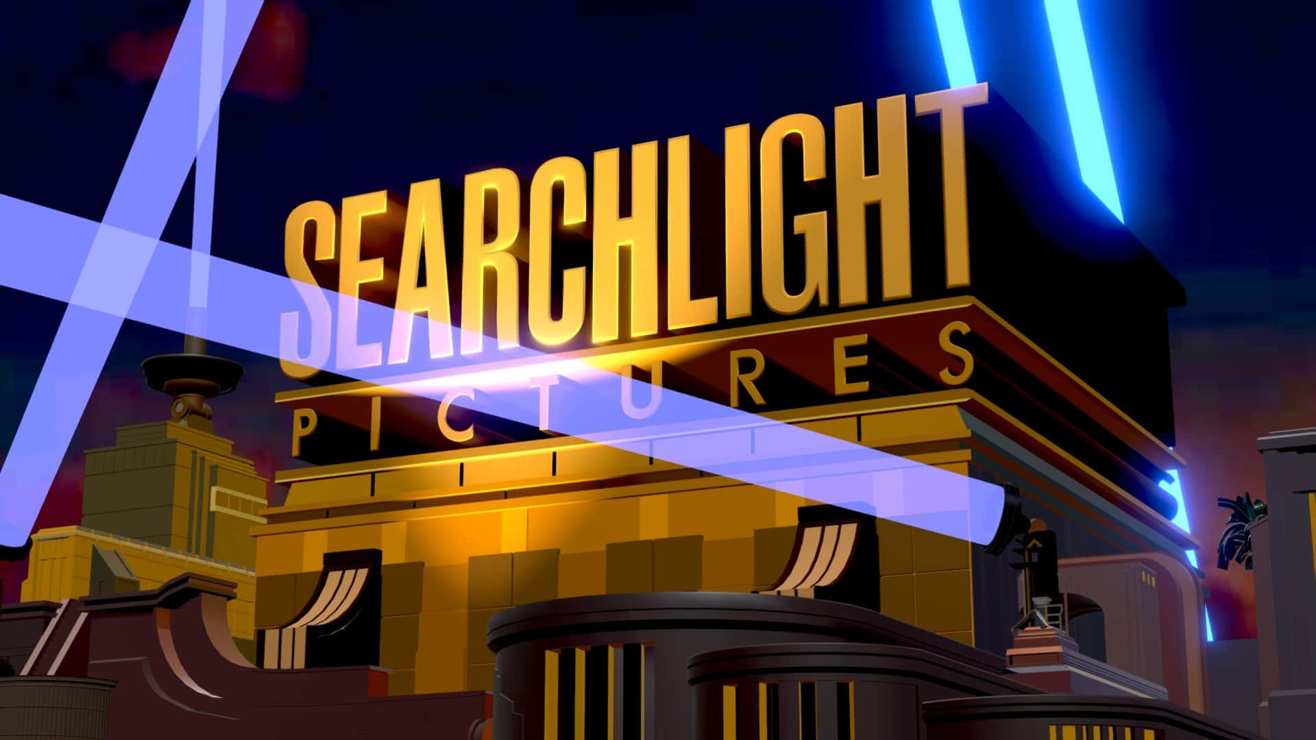 標誌 桌布 壁紙 — 夜間在霓虹藍光束下，帶有發光黃色「SEARCHLIGHT PICTURES」標誌的風格化動畫電影院。