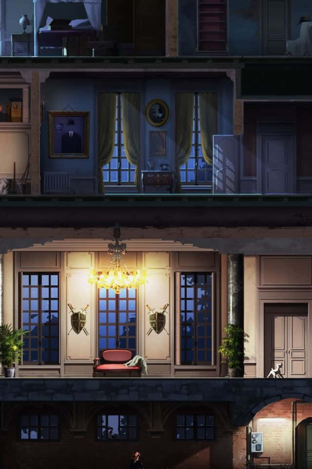 房屋 桌布 壁紙 — 夜間大宅的橫截面，內部溫暖照明，下方有一個孤獨的身影。