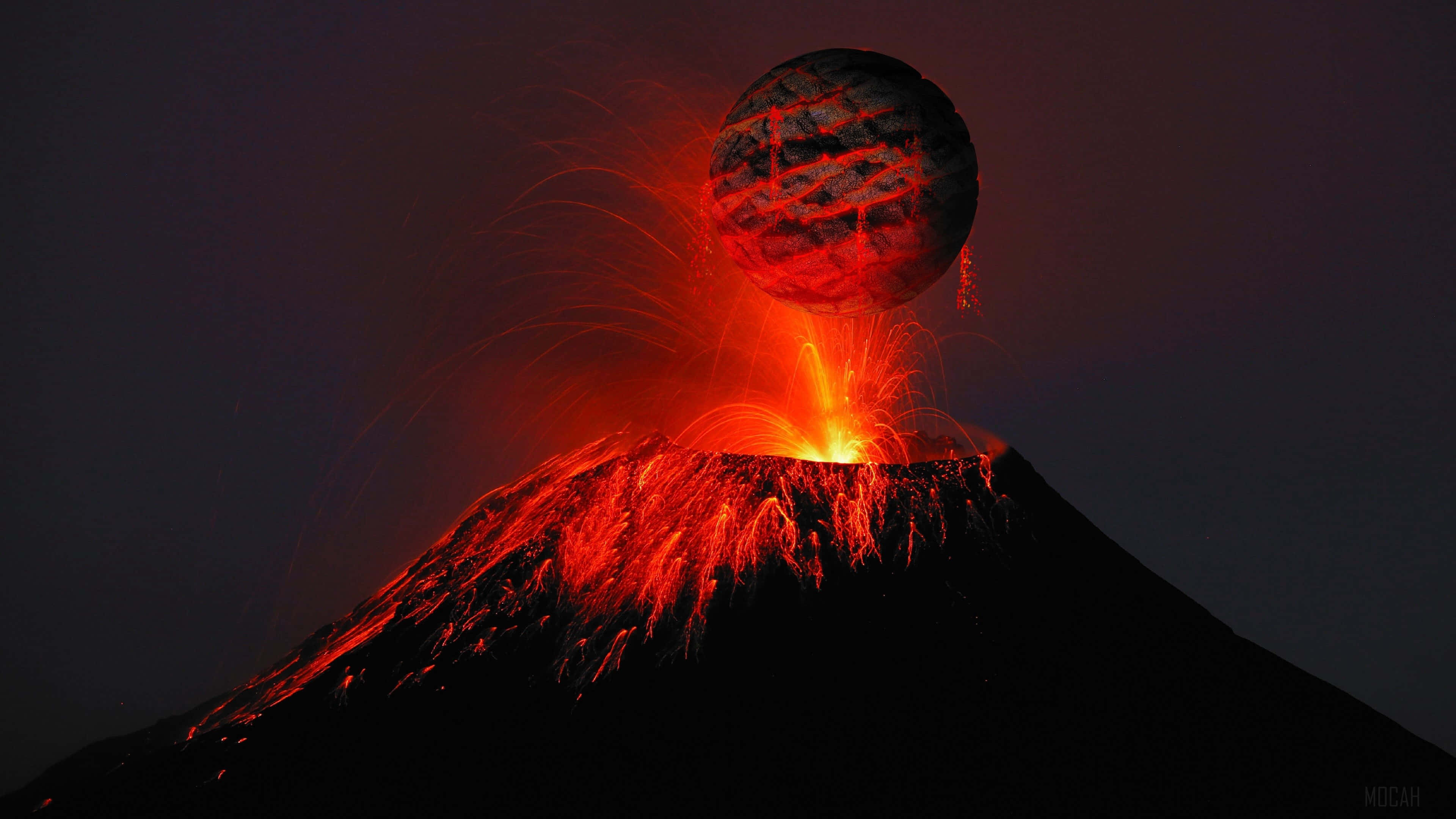 自然 桌布 壁紙 — 夜間火山爆發，一顆發光的紅色行星懸浮在火山口上方，噴出熾熱的熔岩和火花。