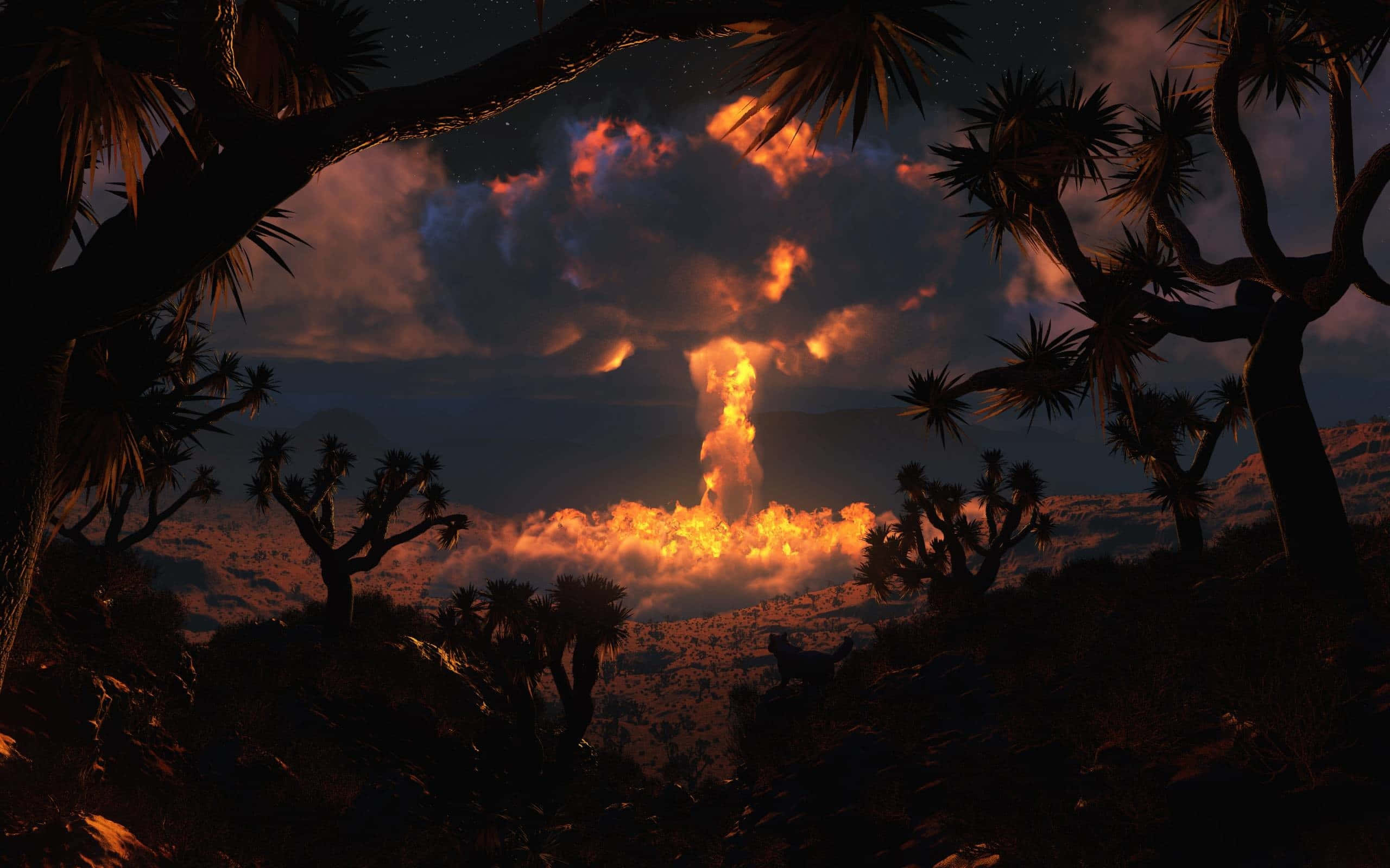 Fallout Nuke 桌布 壁紙 — 夜間火山爆發，以剪影約書亞樹為框，照亮天空，形成火橙色雲彩。