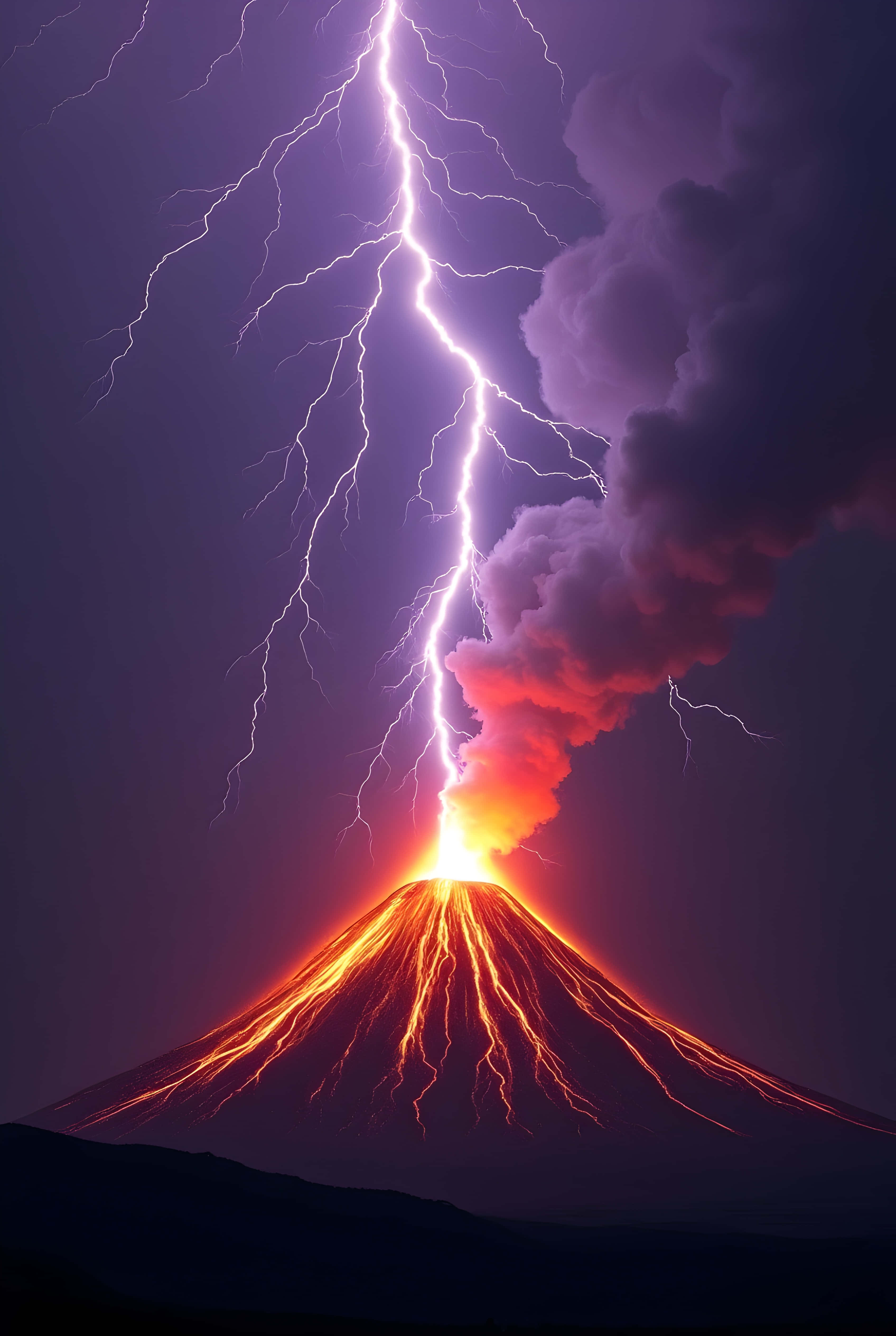 閃電 桌布 壁紙 — 夜間火山爆發，被一道巨大閃電照亮，閃電劃破冒煙山頂上空的天空。