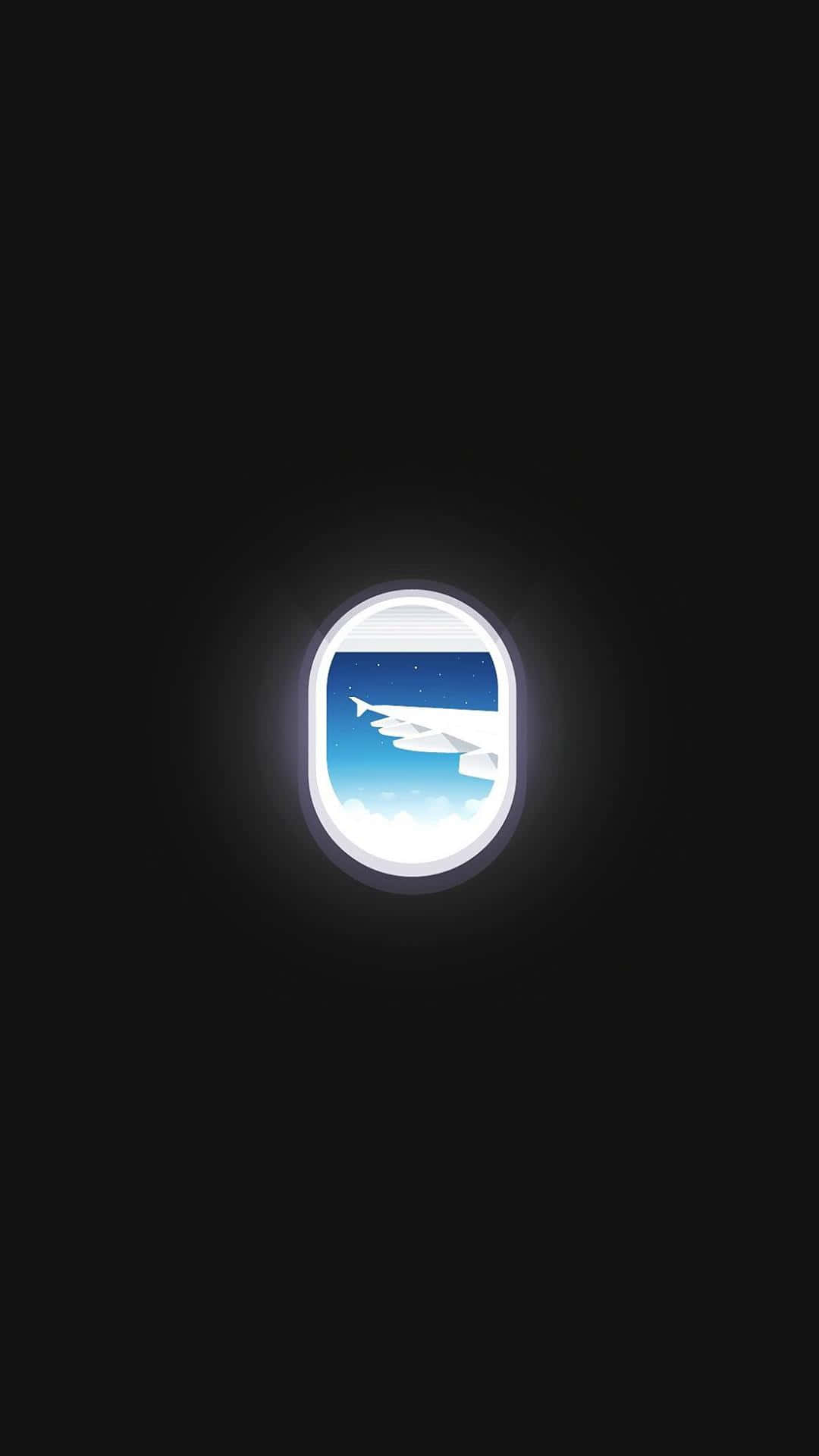 AMOLED 桌布 壁紙 — 夜間發光的飛機窗戶顯示出機翼，背景是星空和下方的雲層。