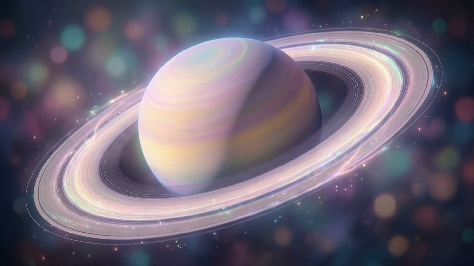 夢幻光環土星 壁紙 — 一顆帶有發光環的雄偉行星漂浮在點綴著彩色散景燈光的星空宇宙中。
