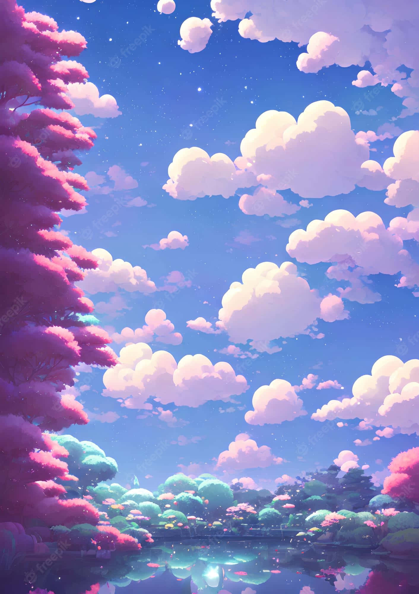 宇宙 桌布 壁紙 — 夢幻動漫風格天空，蓬鬆粉紅與白色雲朵，倒映在寧靜湖面，四周環繞著鮮豔的粉紅與青綠色樹木。