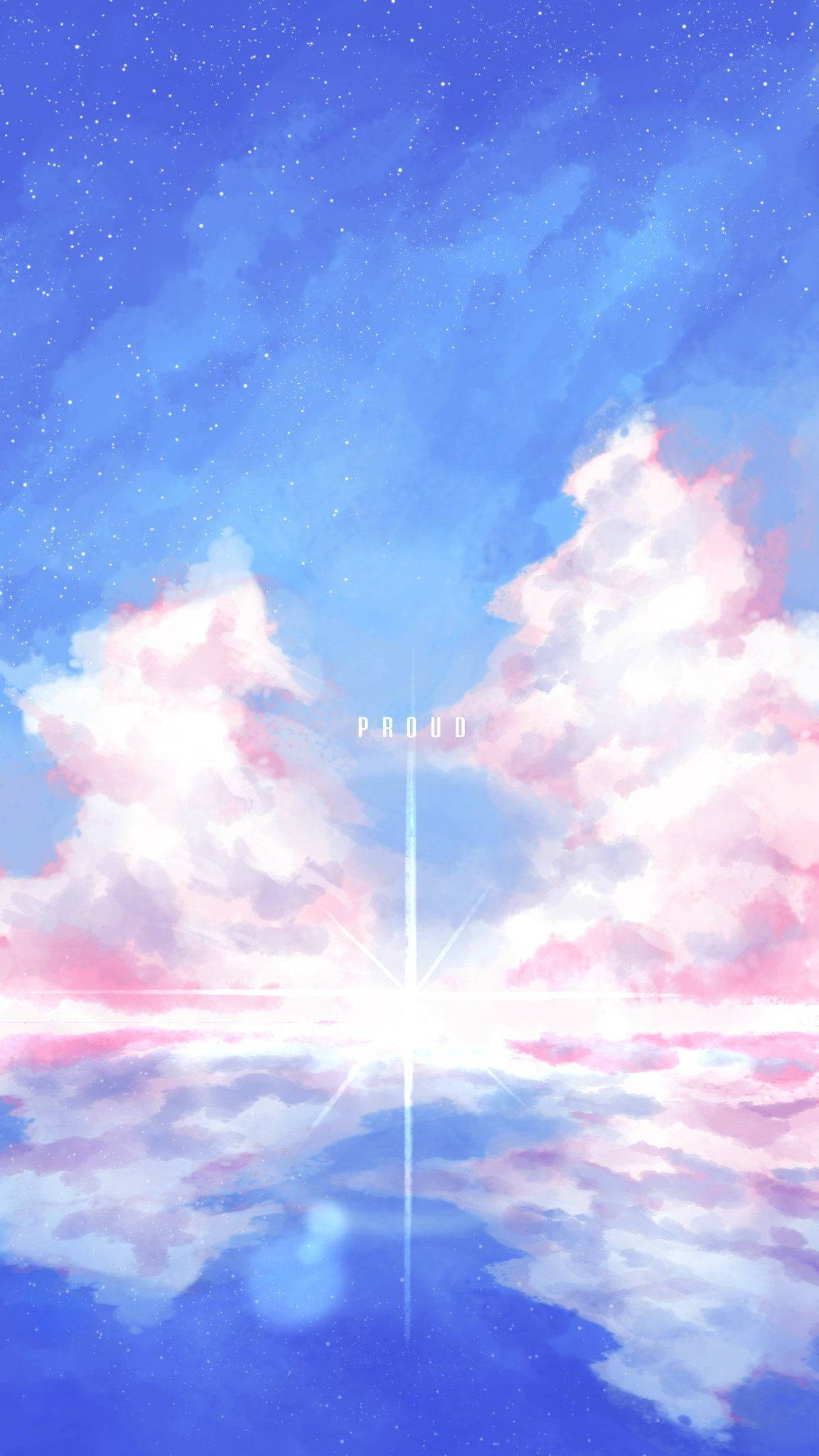 LGBT 桌布 壁紙 — 夢幻動畫天空，粉紅和藍色雲彩在星光下閃爍的地平線中倒映。