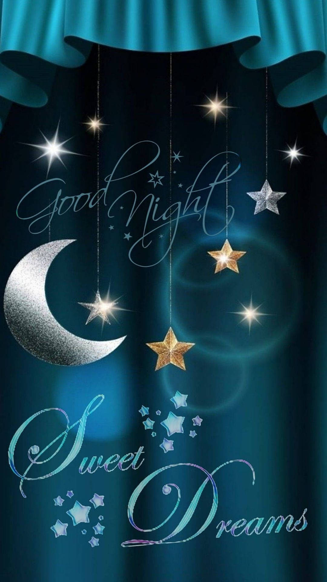 dreams 桌布 壁紙 — 夢幻夜景，新月和閃爍星星掛在深藍色漸變背景上的青綠色窗簾上。