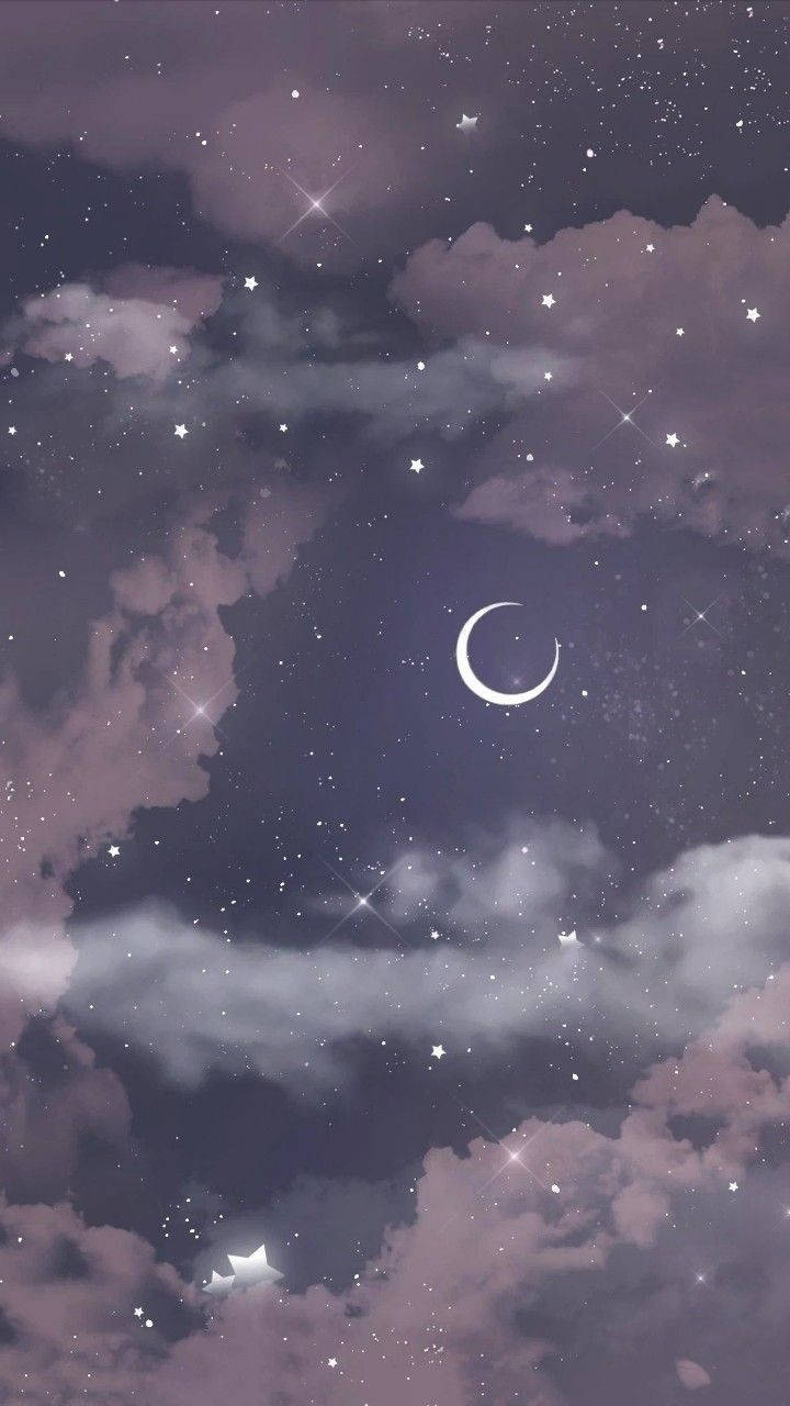 新月 桌布 壁紙 — 夢幻夜空，滿佈閃爍星星和柔軟紫色雲朵，下方懸掛著發光的彎月。