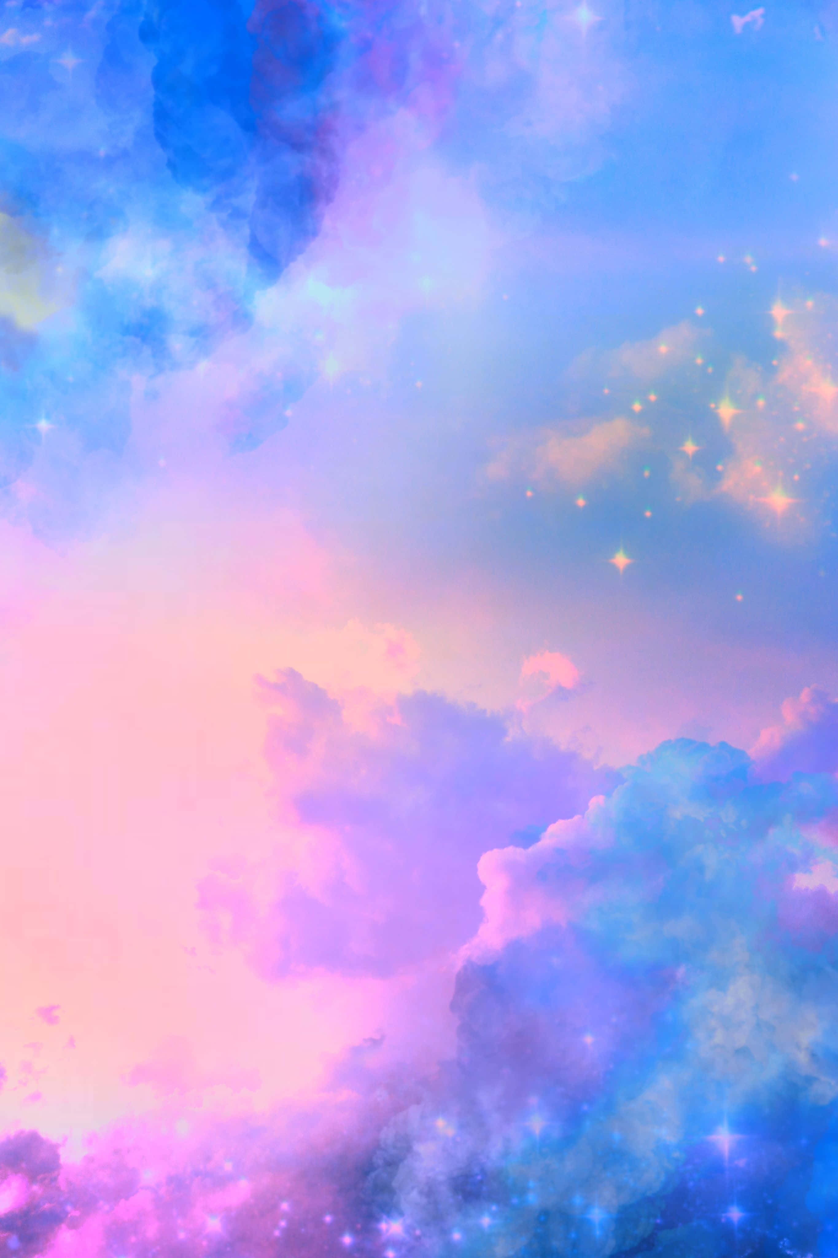 Aesthetic Cloud 桌布 壁紙 — 夢幻天空，繪有柔和粉彩雲朵，閃耀粉紅、藍色和紫色調，點綴閃爍星星。