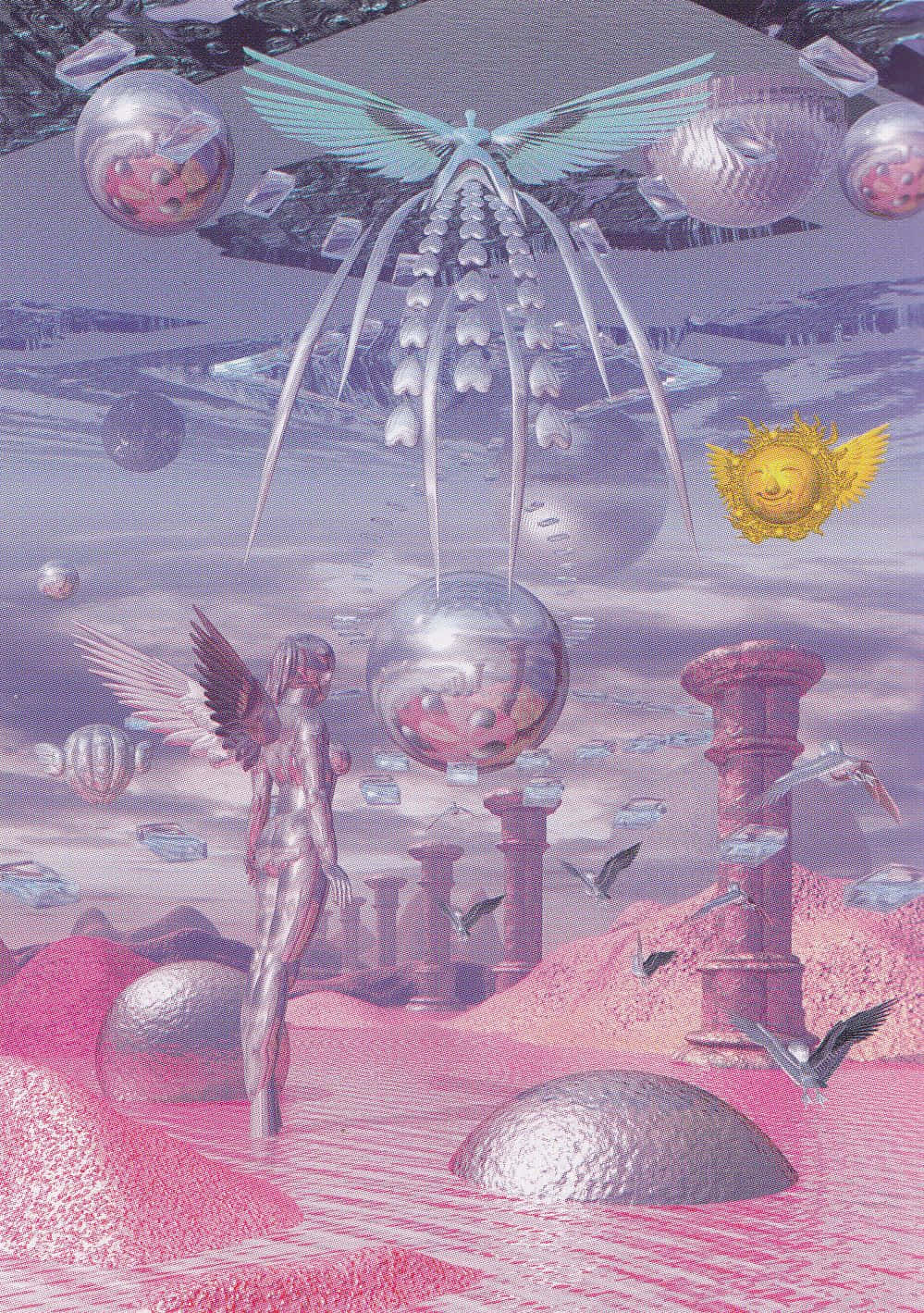 2000s 桌布 壁紙 — 夢幻天空下，金屬球體與古老柱子之間漂浮著帶翼人物的超現實粉紅與紫色景觀。