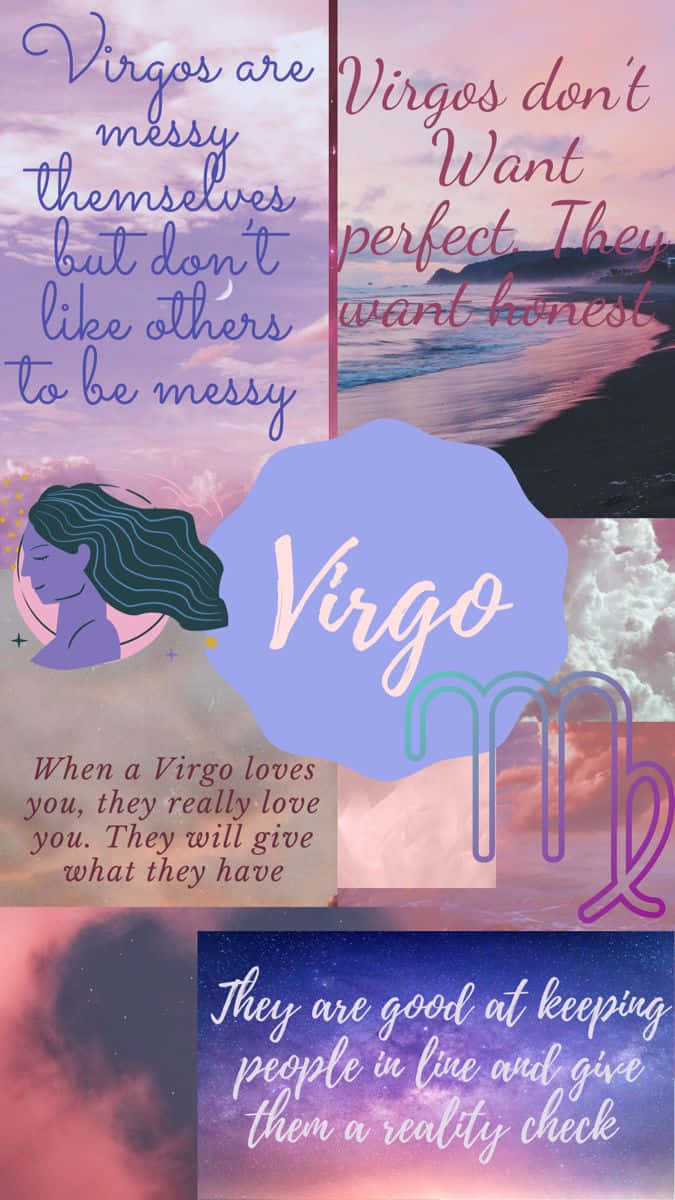 Virgo Aesthetic 桌布 壁紙 — 夢幻拼貼，處女座星座語錄疊加在粉彩天空和海洋場景上，配有風格化的處女座符號。