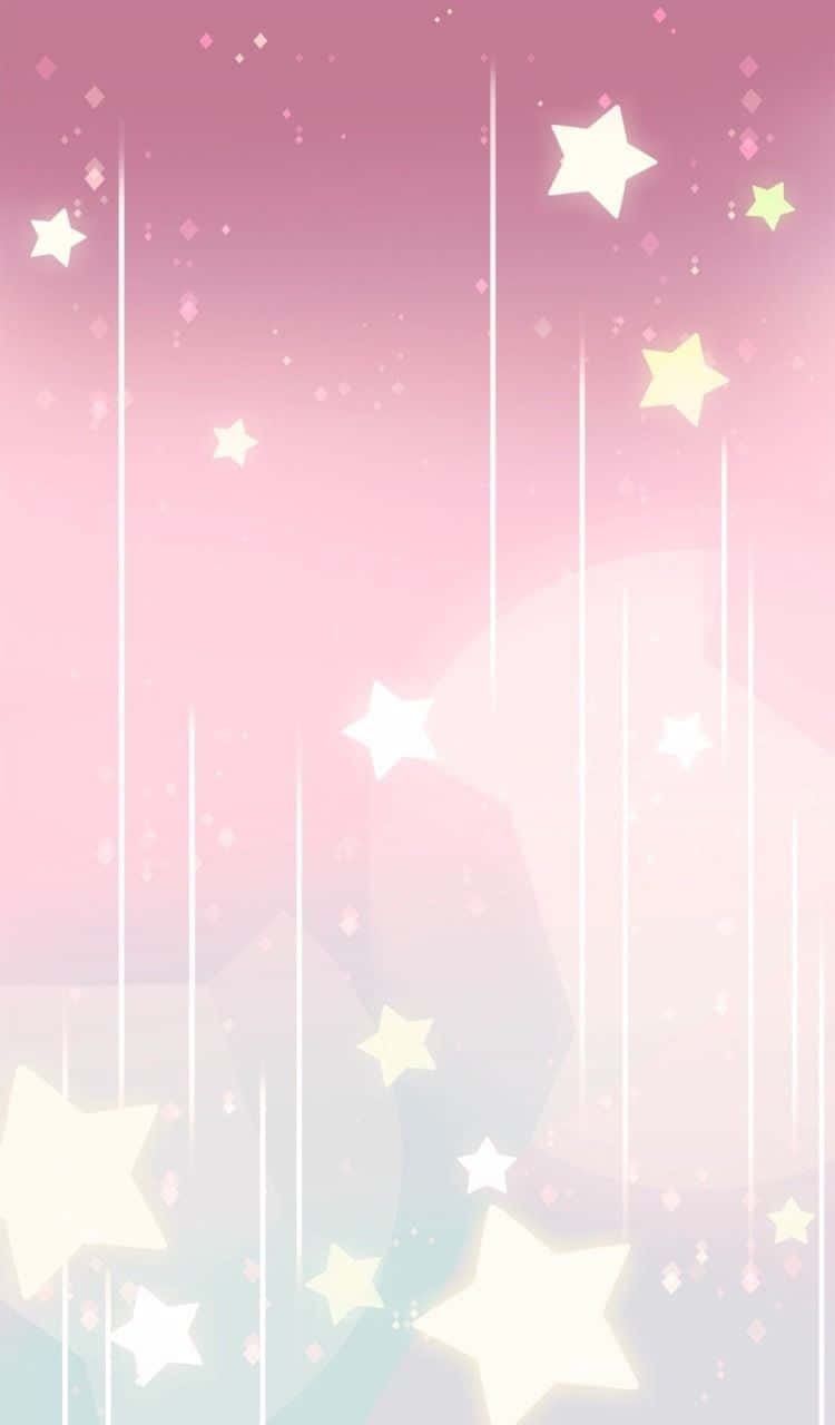 Pastel Vintage iPhone 桌布 壁紙 — 夢幻數位插圖中，粉彩粉紅和藍色漸變天空，閃爍星星如雨般落下。