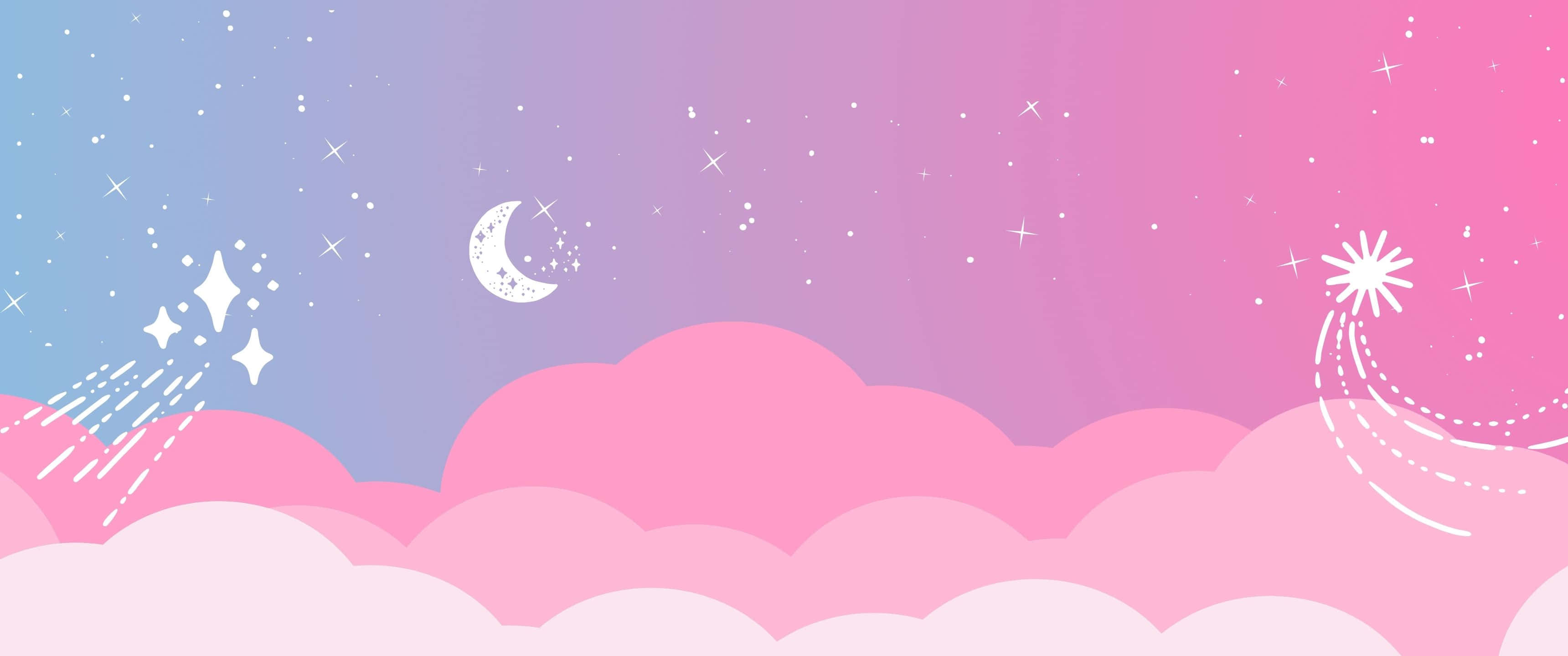 3440x1440 桌布 壁紙 — 夢幻數位插圖中的粉彩粉紅和藍色天空，有蓬鬆的雲朵、月亮和流星。