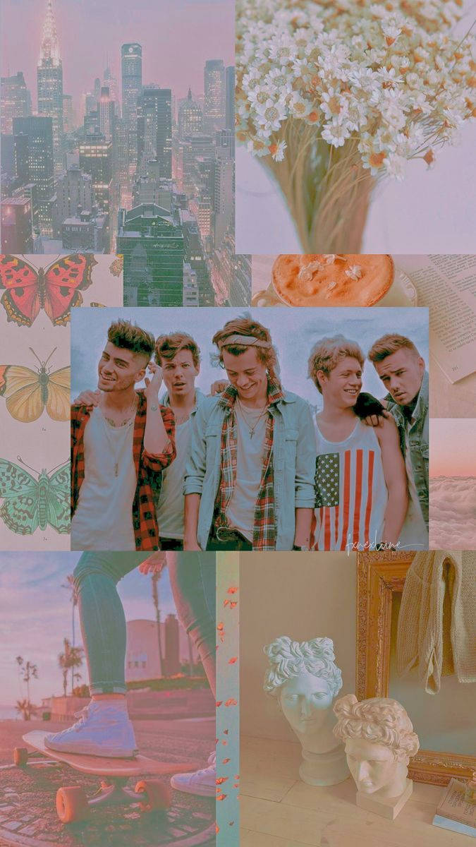 One Direction Aesthetic 桌布 壁紙 — 夢幻柔和色調拼貼畫，包含樂團照片、城市天際線、花朵、蝴蝶和古典半身像。