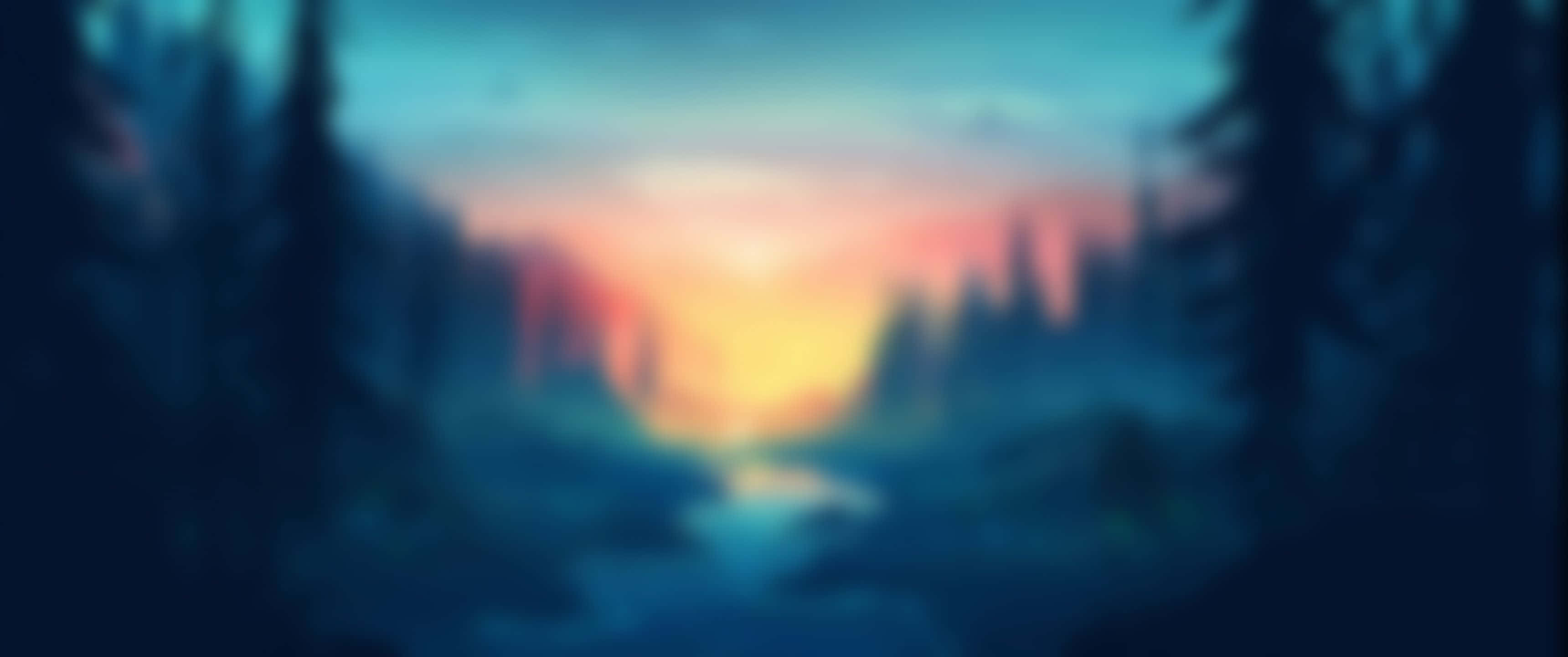 桌布 壁紙 — 夢幻森林日落，發光的橙色和粉紅色色調映照在霧氣瀰漫的河流上，周圍環繞著高大的松樹。