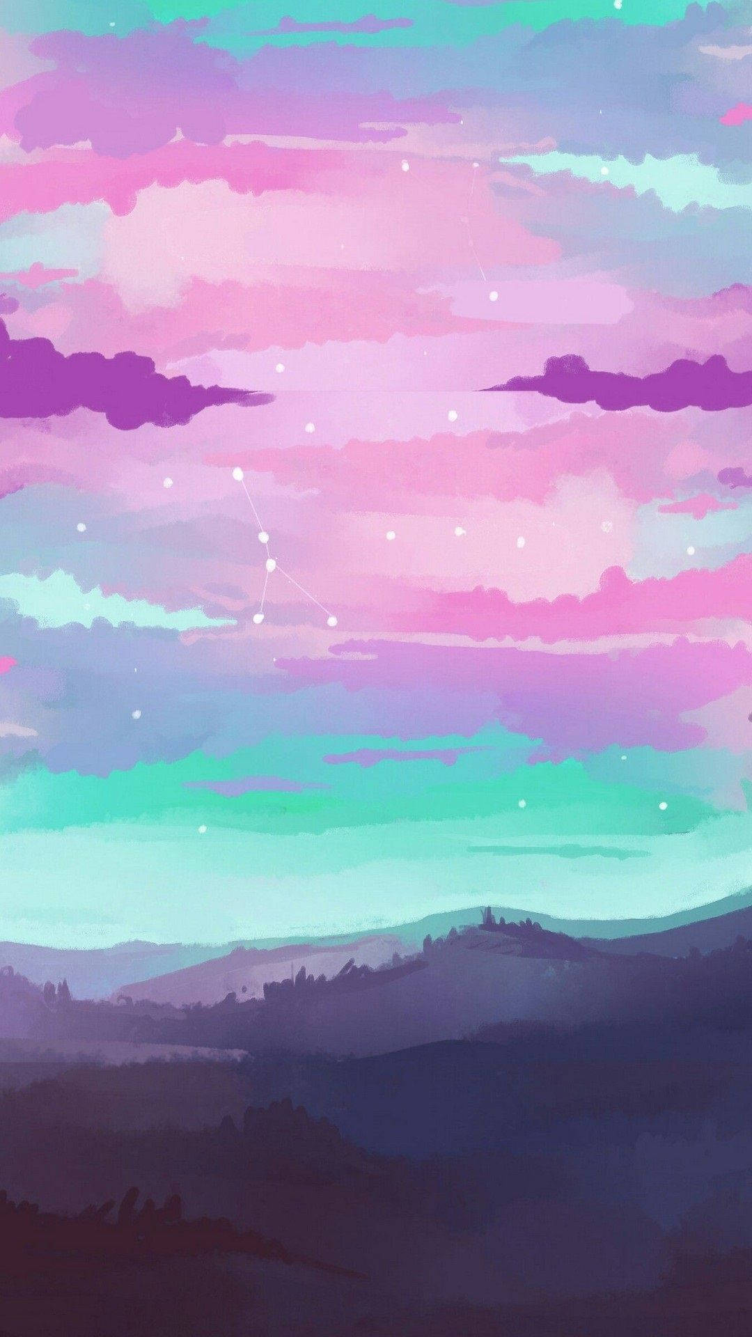 Aesthetic iPhone Xr 桌布 壁紙 — 夢幻水彩天空，粉紅、紫色和藍綠色雲朵、星星和星座，映襯著剪影般的起伏山丘。