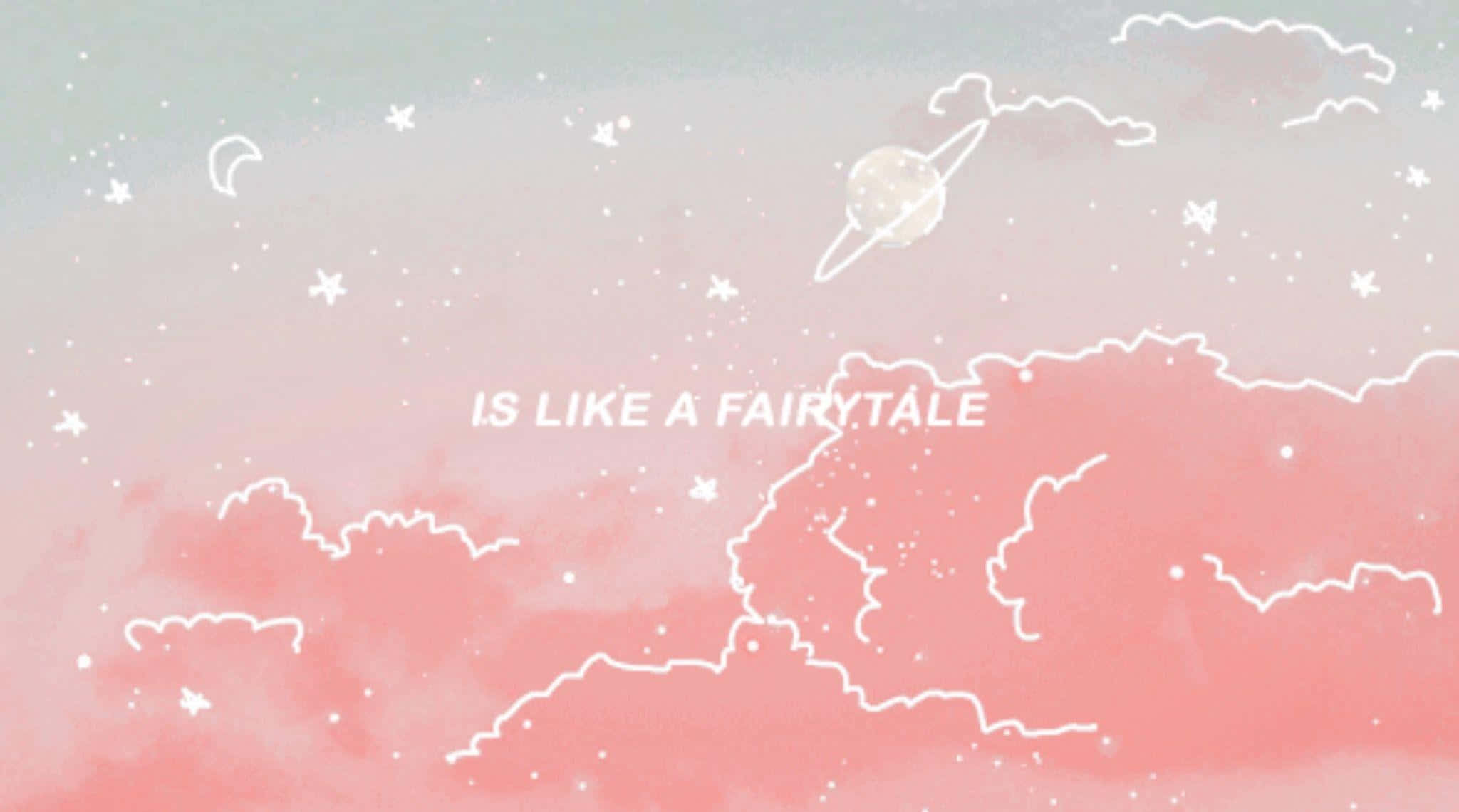 Cute Aesthetic Anime Desktop 桌布 壁紙 — 夢幻水彩天空，粉紅雲朵、白色星星和帶環行星，營造出童話般的氛圍。