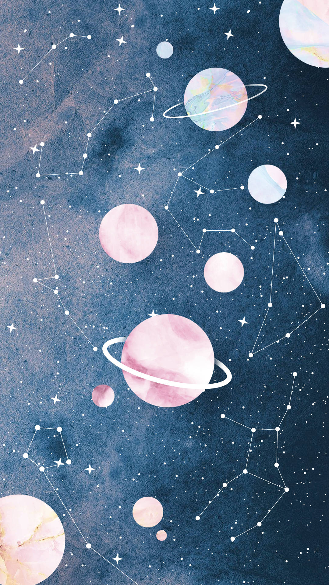 zodiac 桌布 壁紙 — 夢幻水彩宇宙，柔和色調的行星與星座漂浮在深藍色星空之中。