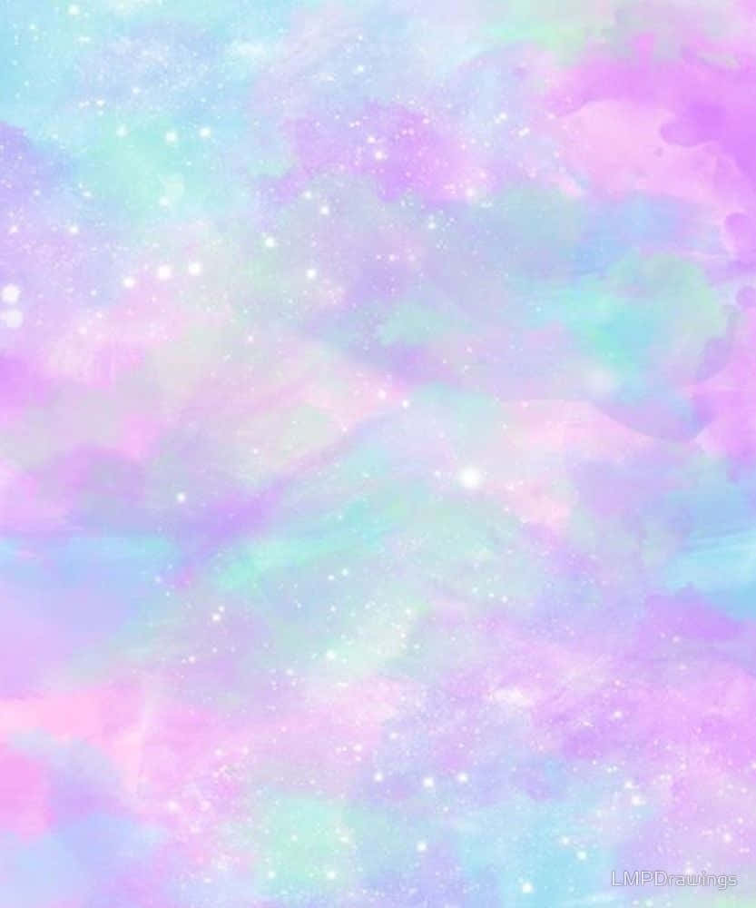 桌布 壁紙 — 夢幻水彩星系，以粉紅、藍色和藍綠色調旋轉，點綴閃爍星星。