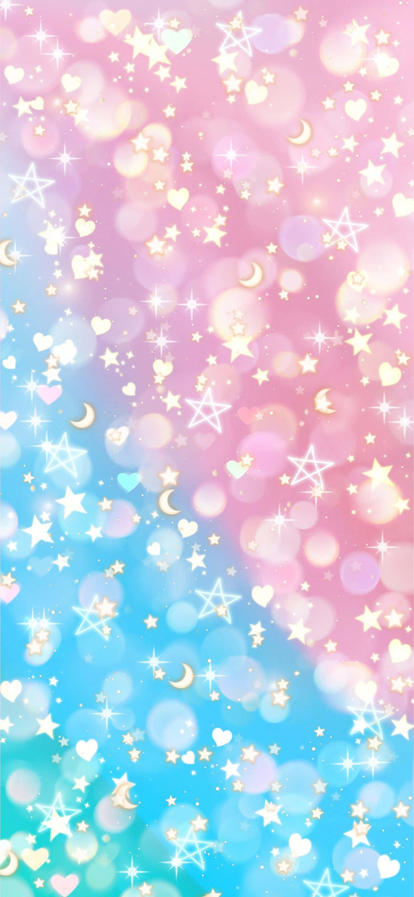 Stars 桌布 壁紙 — 夢幻漸變桌布，粉紅至藍色調，閃爍星星、愛心和彎月，搭配柔和散景燈光。