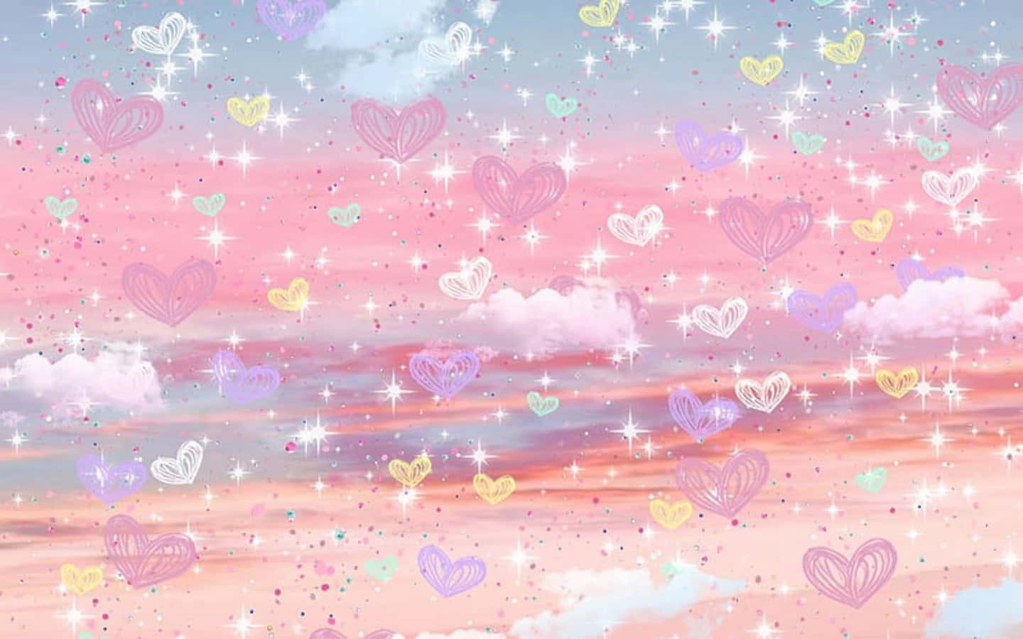 Cartoon Heart 桌布 壁紙 — 夢幻漸變色調的粉彩天空，充滿漂浮的心形、閃光和蓬鬆雲朵。