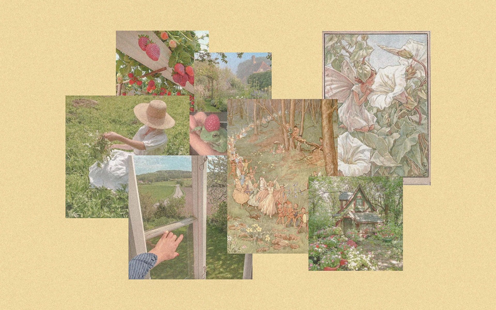 田園夏日場景的拼貼畫，有草莓、仙女和小屋花園。 — 田園美學動圖 壁紙
