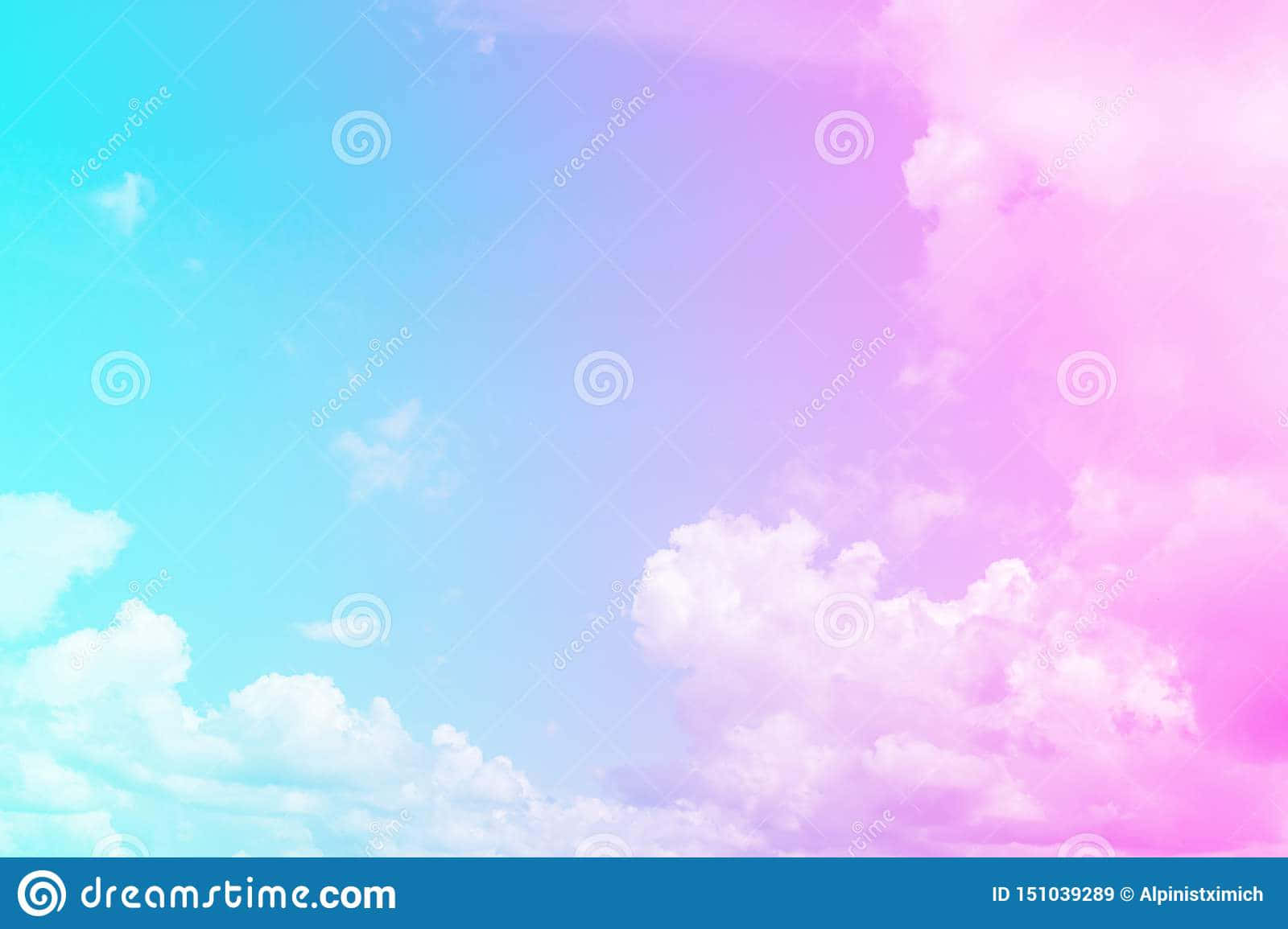 Pink And Blue Clouds 桌布 壁紙 — 夢幻的天空，蓬鬆的白雲襯托著充滿活力的藍綠色和粉紅色漸變。