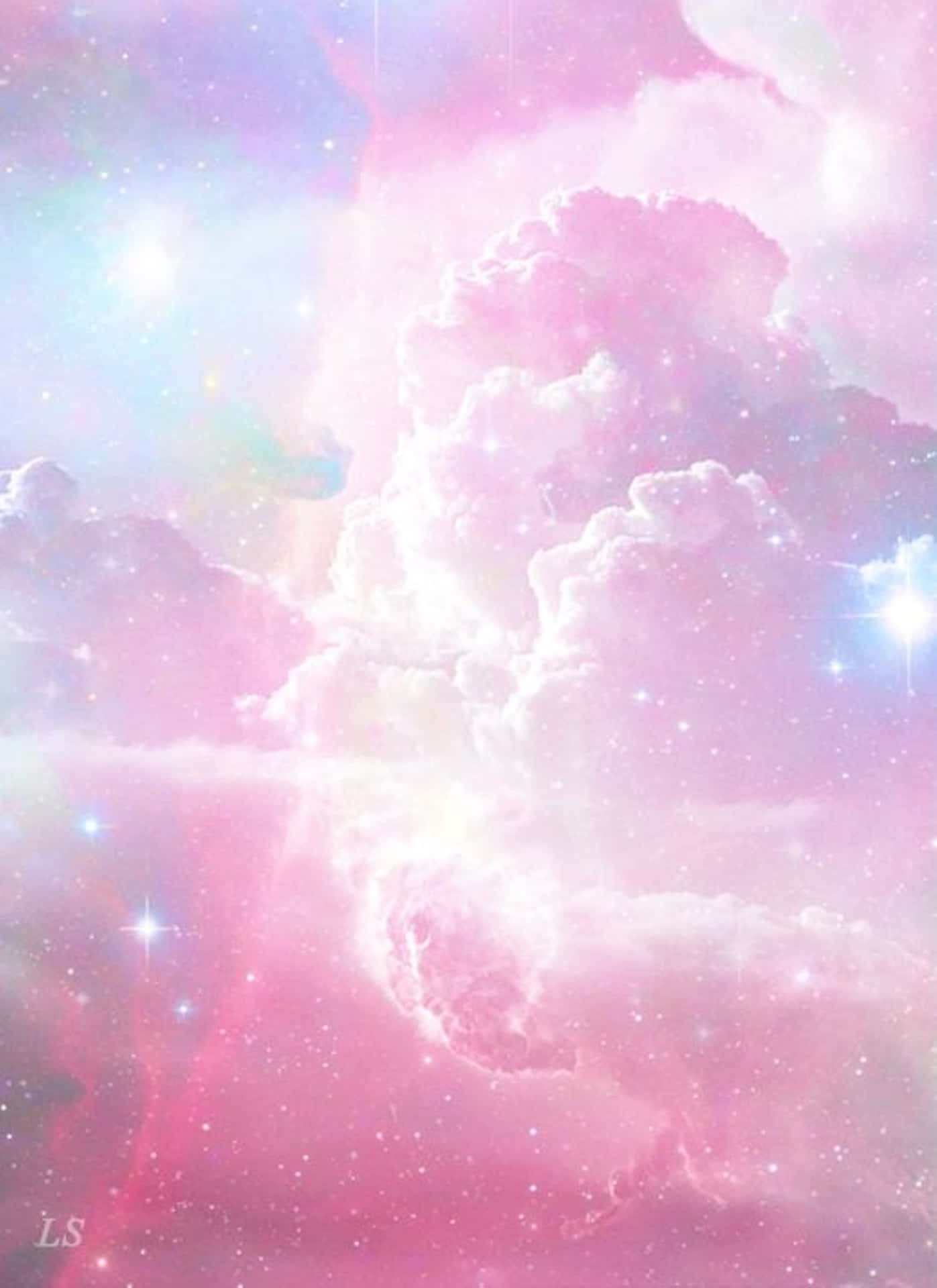粉彩粉紅雲朵漂浮在繁星點點的星系中，伴隨著發光的星雲和柔和的光線。 — 淡彩風格 壁紙