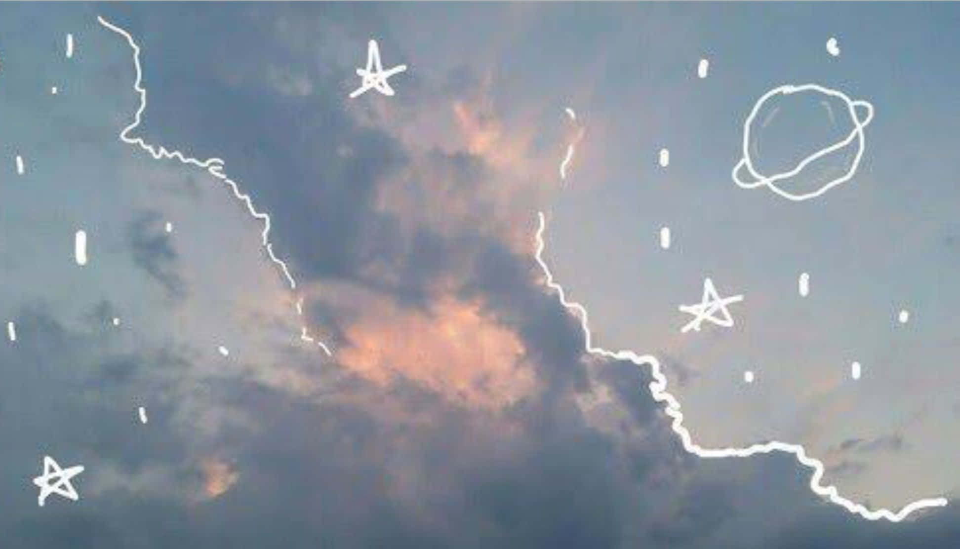 美學 桌布 壁紙 — 夢幻的暮色天空，有柔軟的雲朵和手繪的白色星星與行星漂浮在地平線上。