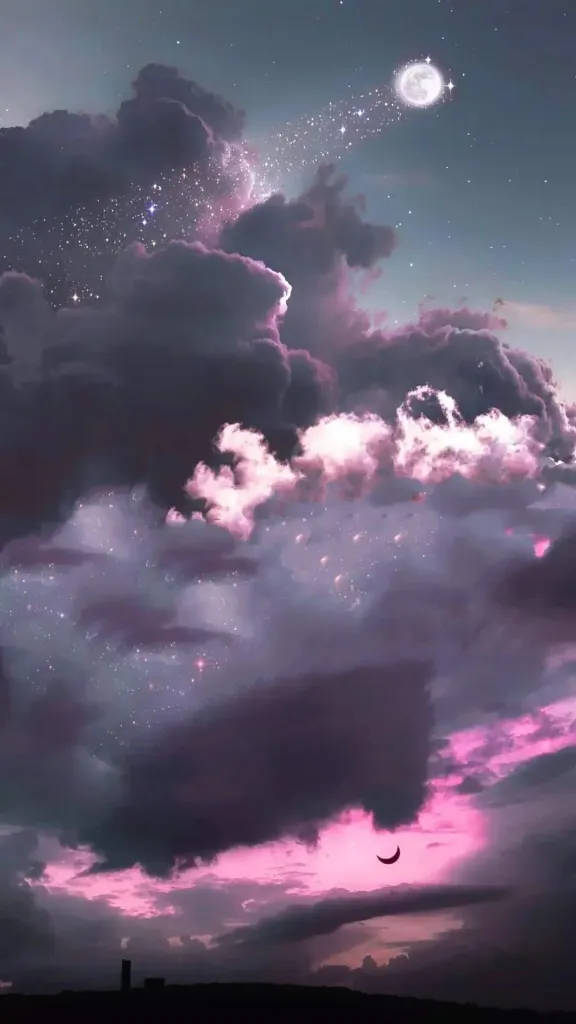 雲朵 桌布 壁紙 — 夢幻的暮色天空，紫色雲彩在明亮的月亮和彎月下發光，並帶有閃爍的粒子。