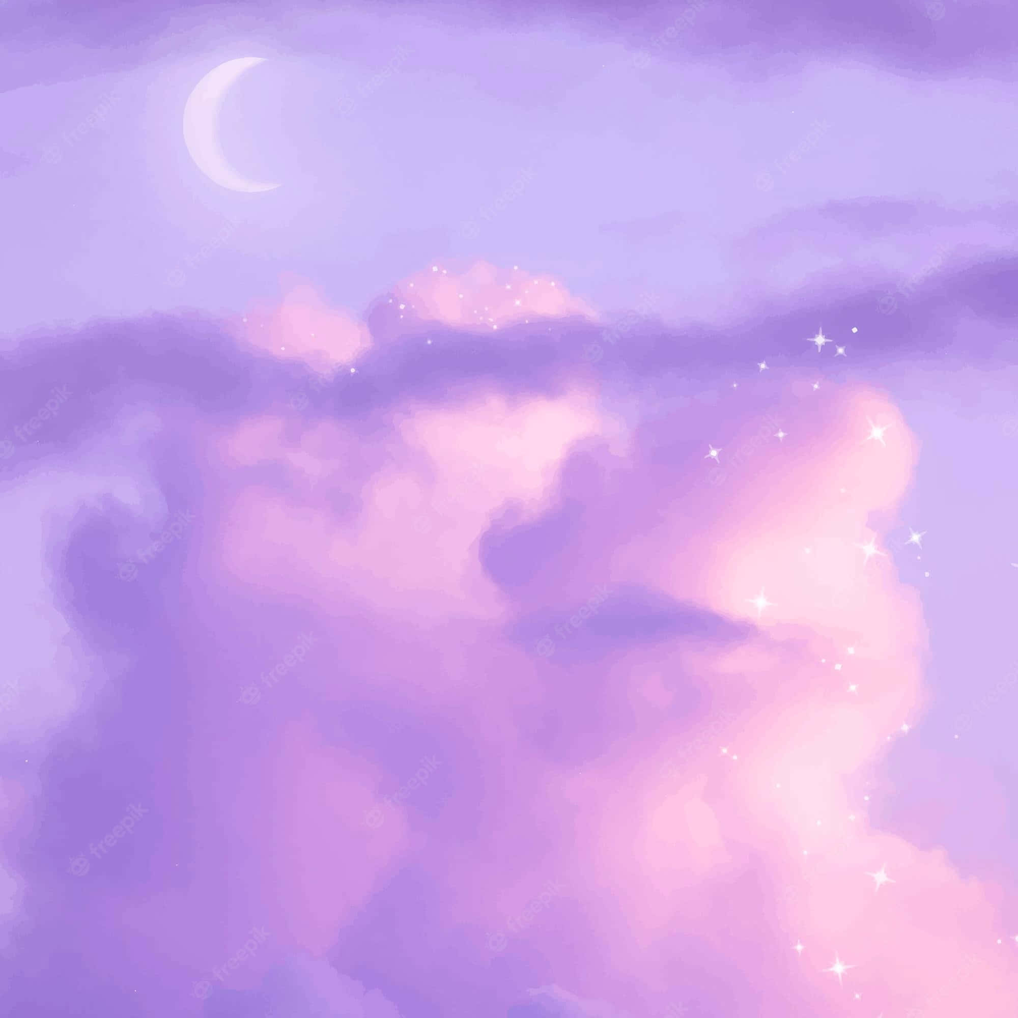 美學 桌布 壁紙 — 夢幻的水彩天空，帶有柔和的紫色雲彩、新月和閃爍的星星，溫柔地發光。