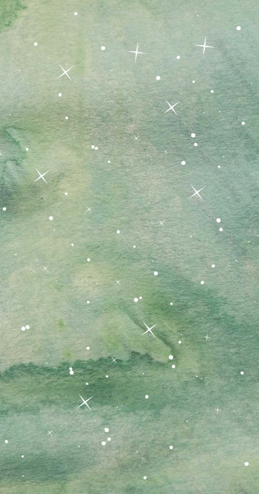 Aesthetic Sage Green 桌布 壁紙 — 夢幻的水彩天空，柔和綠色調，點綴著閃爍的白色星星。