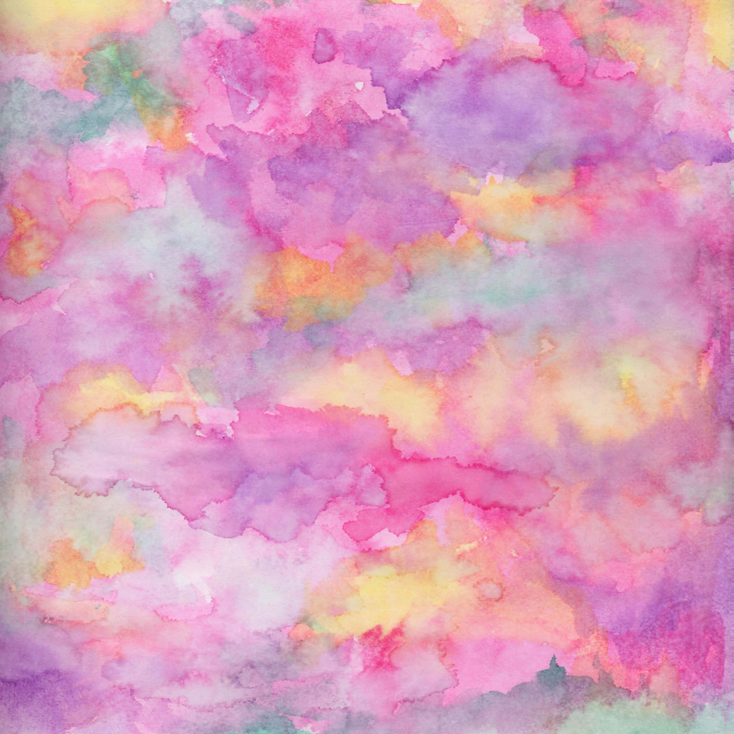 Watercolor Texture 桌布 壁紙 — 夢幻的水彩洗滌，柔和粉紅、紫色和黃色融合成抽象雲狀形態。