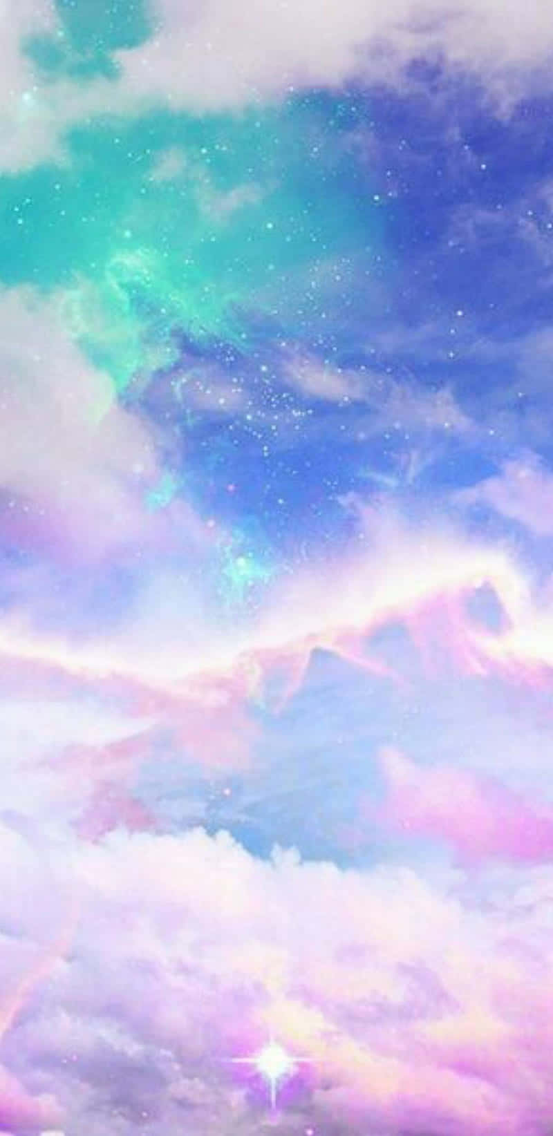 Pink And Blue Clouds 桌布 壁紙 — 夢幻的粉彩天空，充滿了旋轉的雲朵，散發著青綠色、粉紅色和紫色的光芒，點綴著閃爍的星星。