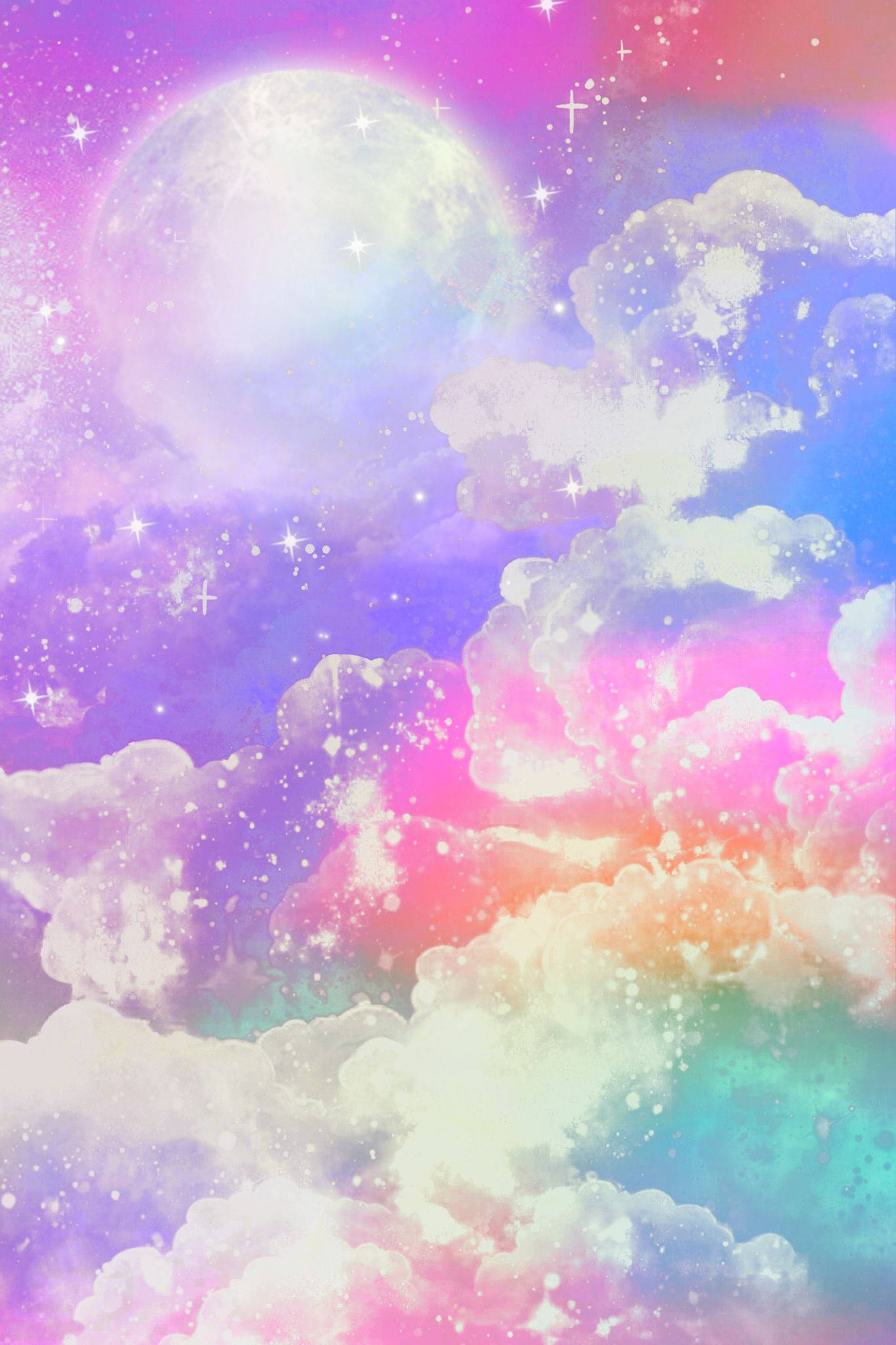 彩虹 桌布 壁紙 — 夢幻的粉彩天空，充滿蓬鬆的雲朵，在柔和的月亮和閃爍的星星下，散發著粉紅、紫色和藍色的光芒。