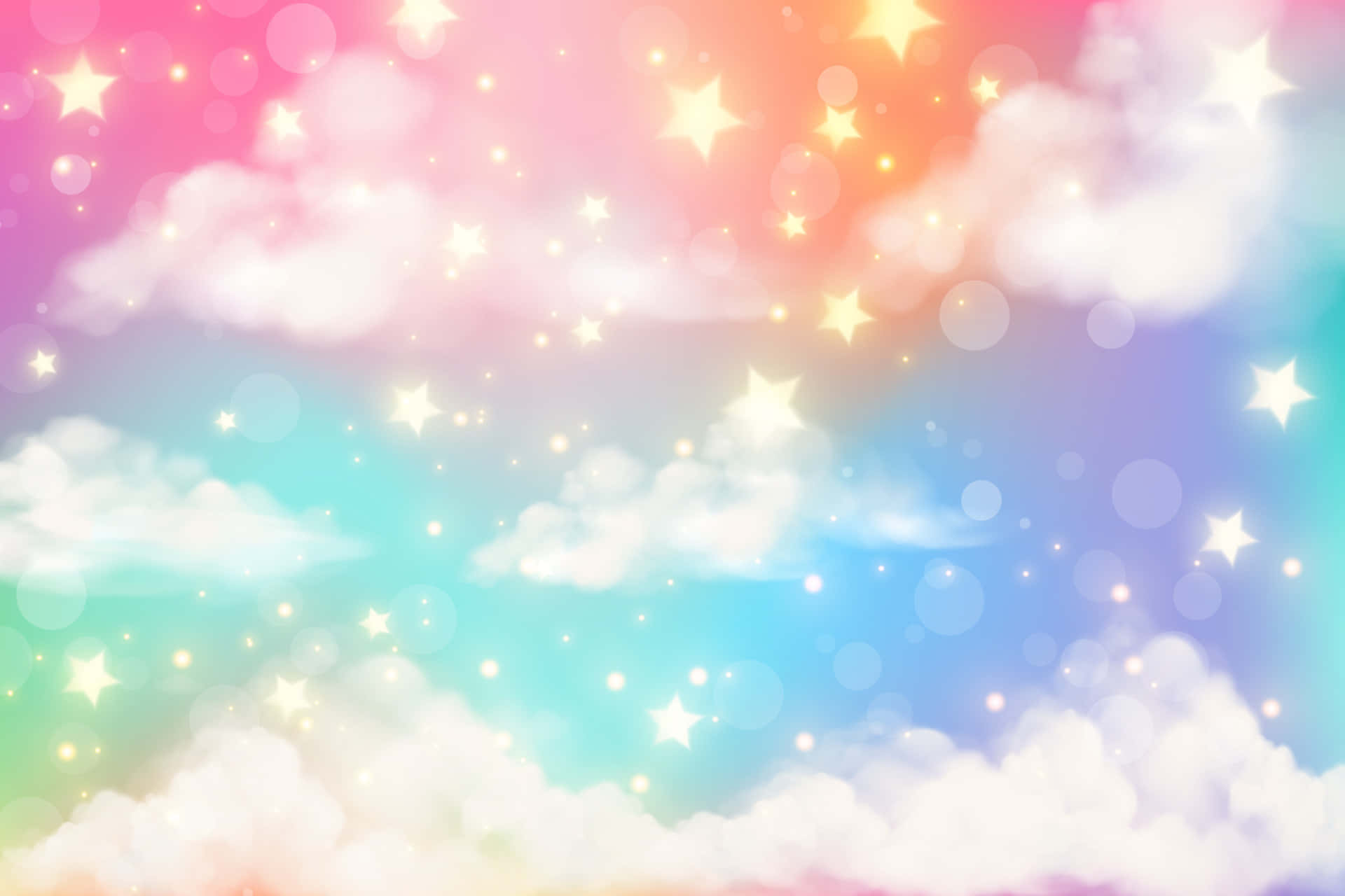 Cute Rainbow Pastel 桌布 壁紙 — 夢幻的粉彩天空，充滿閃爍星星和柔和雲朵，呈現彩虹色調。
