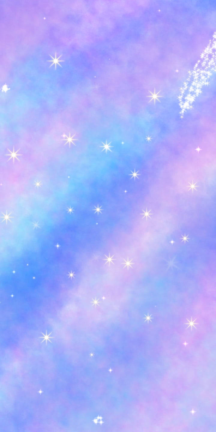 銀河 桌布 壁紙 — 夢幻的粉彩天空，充滿閃爍星星和發光彗星尾巴，襯托著柔和的薰衣草色和藍色雲朵。