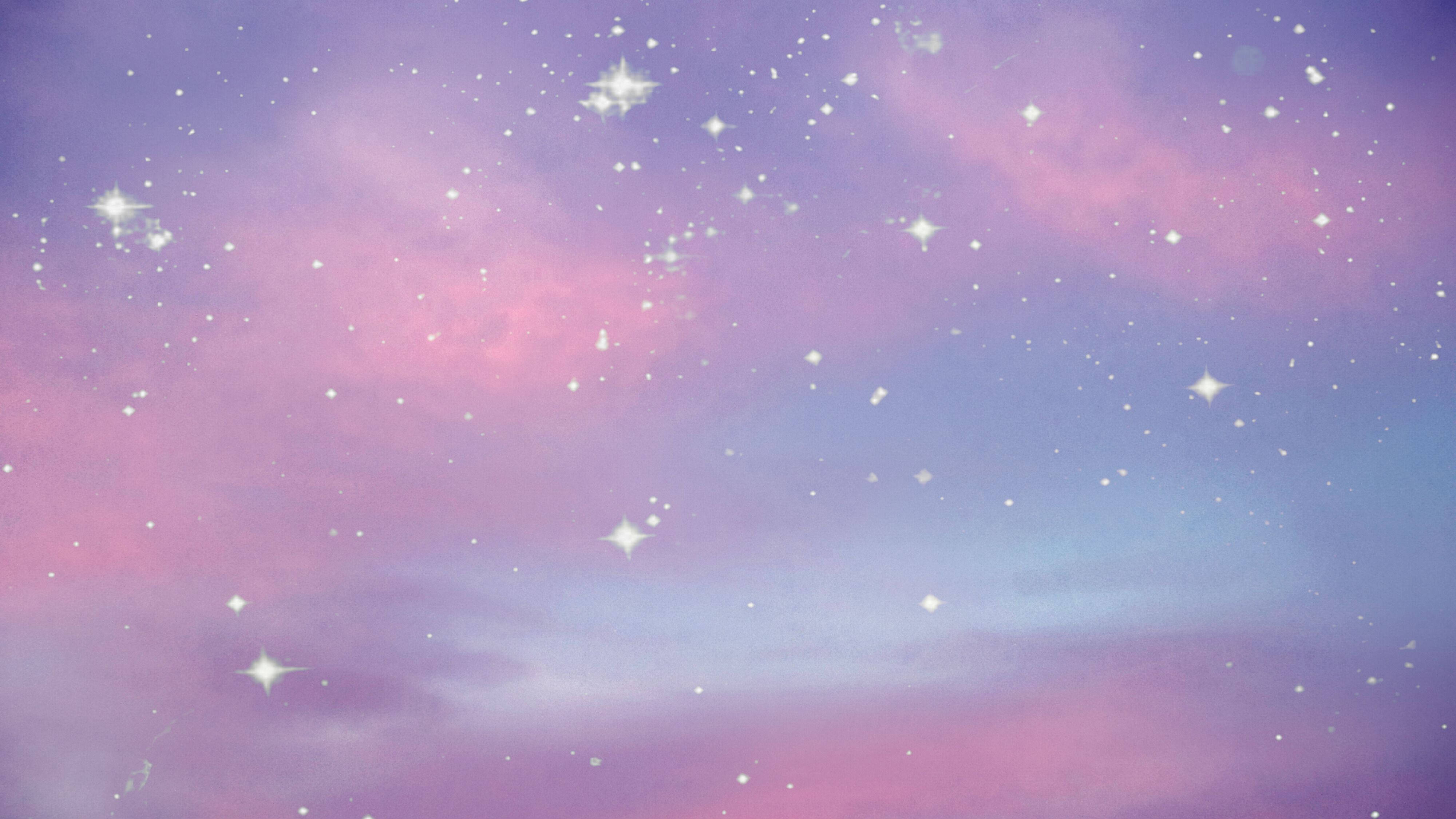 漂亮美學 桌布 壁紙 — 夢幻的粉彩天空，充滿閃爍的星星和柔和的粉紫色雲朵。