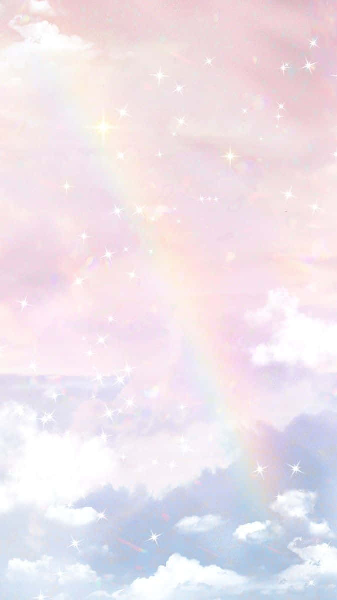 美學雲朵 桌布 壁紙 — 夢幻的粉彩天空，有柔和的彩虹和閃爍的星星在 fluffy 雲層中漂浮。