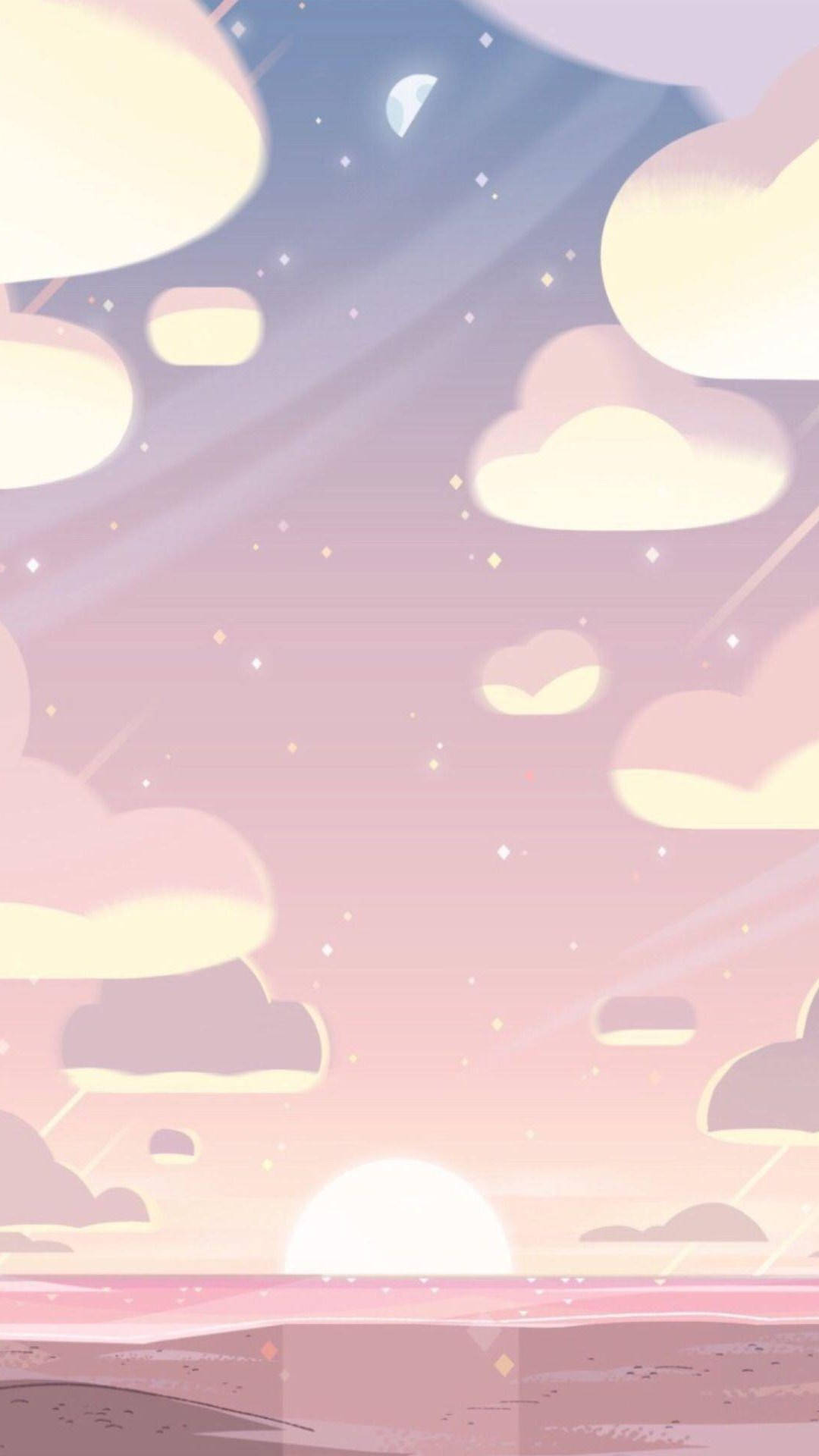 美學手機 桌布 壁紙 — 夢幻的粉彩天空，有柔和的雲和地平線上發光的太陽，浸在粉紅薰衣草色調中。
