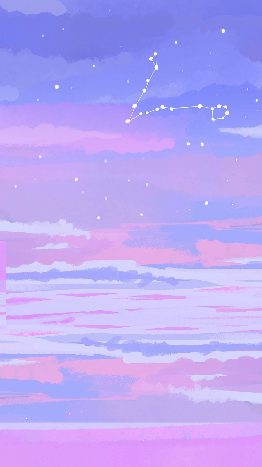 雙魚座 桌布 壁紙 — 夢幻的粉彩天空，有柔和的雲和發光的星座在平靜的地平線之上。