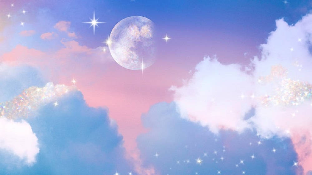 桌布 壁紙 — 夢幻的粉彩天空，有發光的月亮和閃爍的星星，藏在 fluffy 雲層之間。