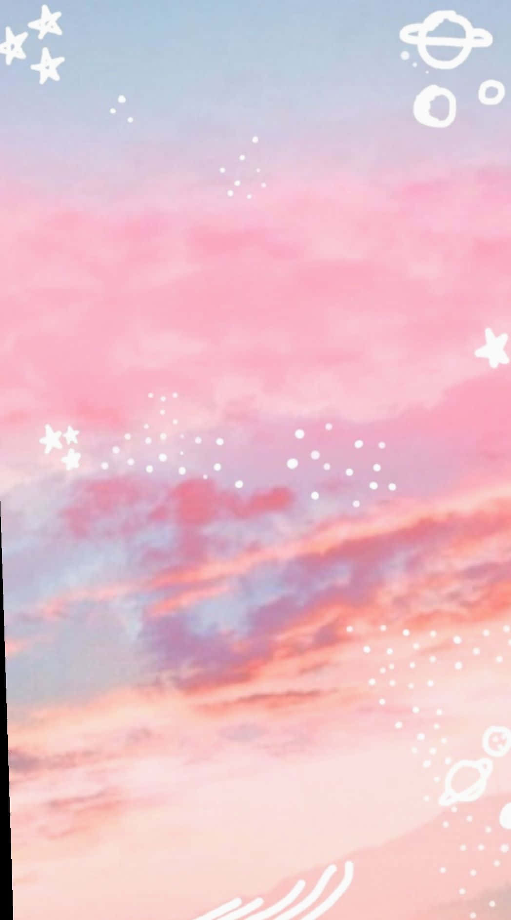 Cute Aesthetic iPad 桌布 壁紙 — 夢幻的粉彩天空，有粉紅色的雲和白色的星星與行星在地平線上輕輕漂浮。