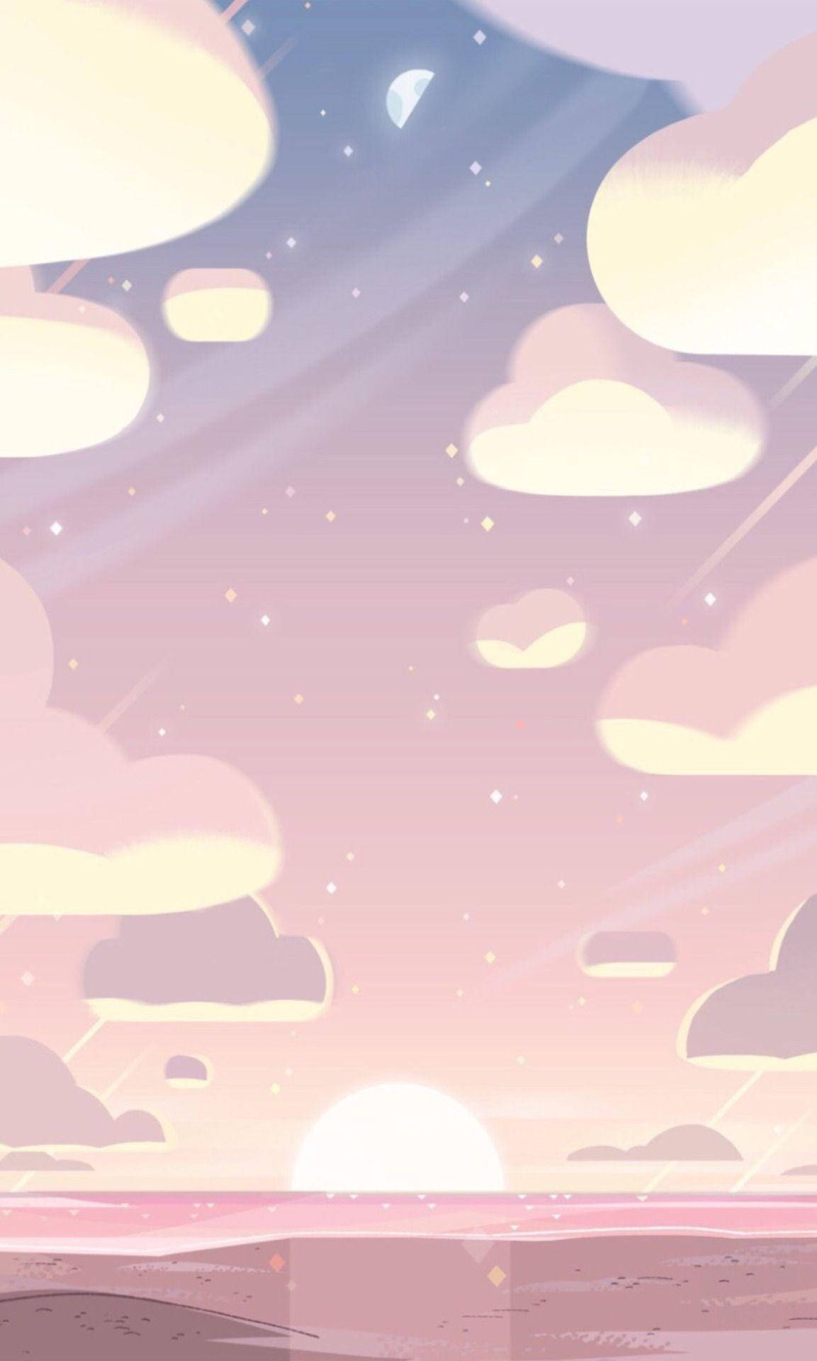 藝術 桌布 壁紙 — 夢幻的粉彩天空，柔軟的雲在新月和閃爍星星下發光。