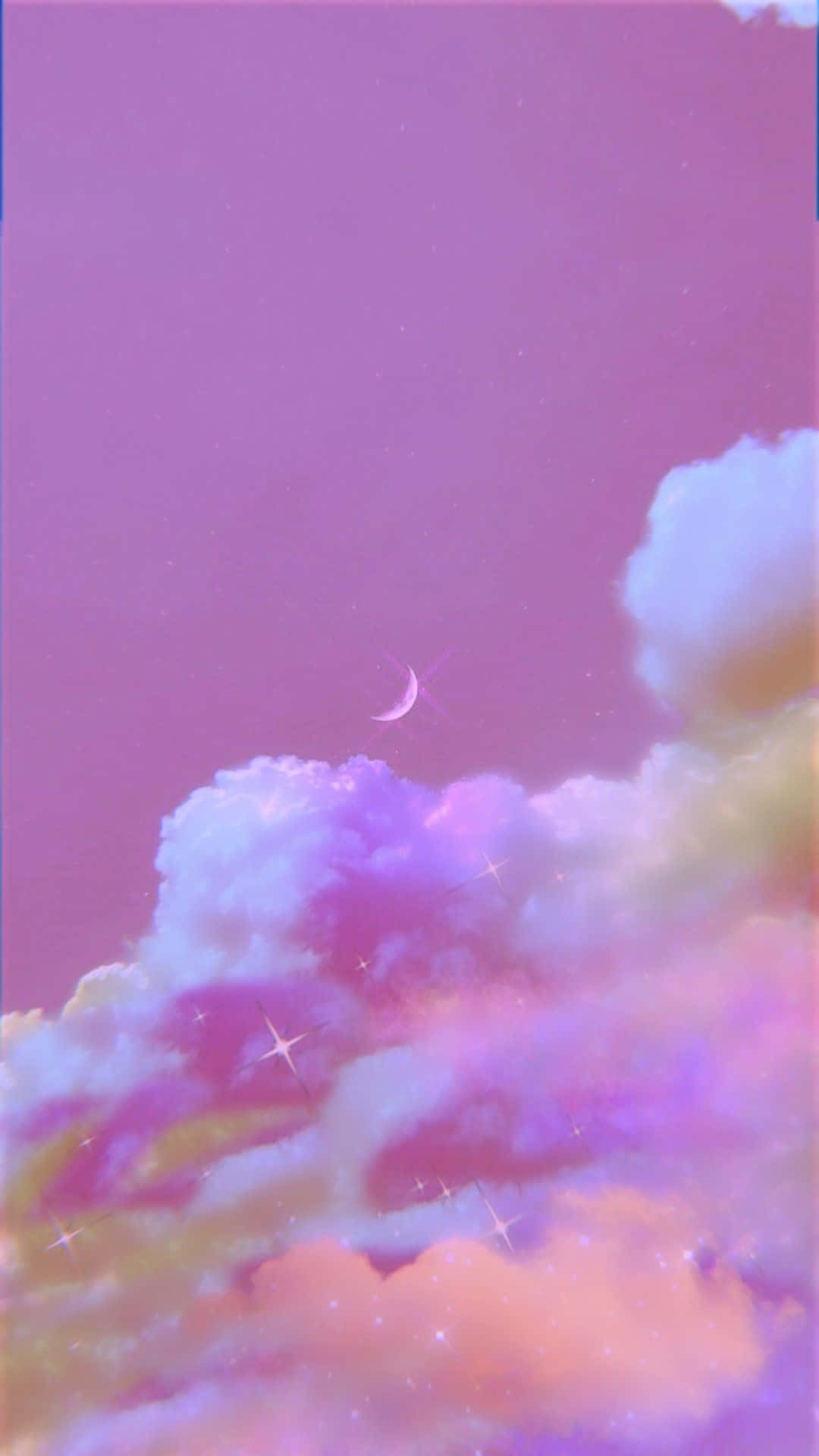 Violet Aesthetic 桌布 壁紙 — 夢幻的粉彩天空，柔軟的雲朵在粉紅、紫色和蜜桃色調中閃耀，新月下點綴著閃爍的星星。